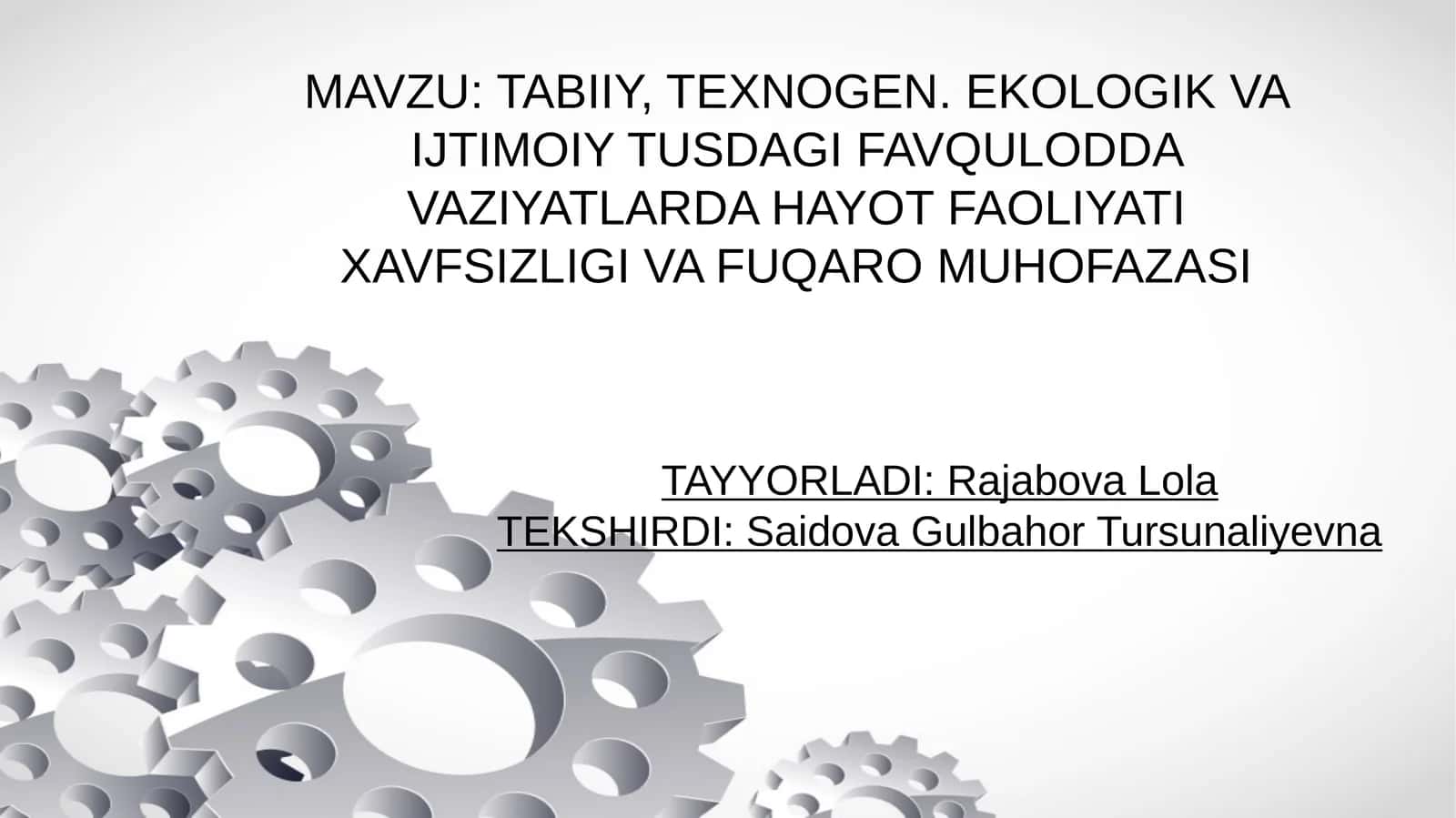 TABIIY, TEXNOGEN. EKOLOGIK VA IJTIMOIY TUSDAGI FAVQULODDA VAZIYATLARDA HAYOT FAOLIYATI XAVFSIZLIGI VA FUQARO MUHOFAZASI 1