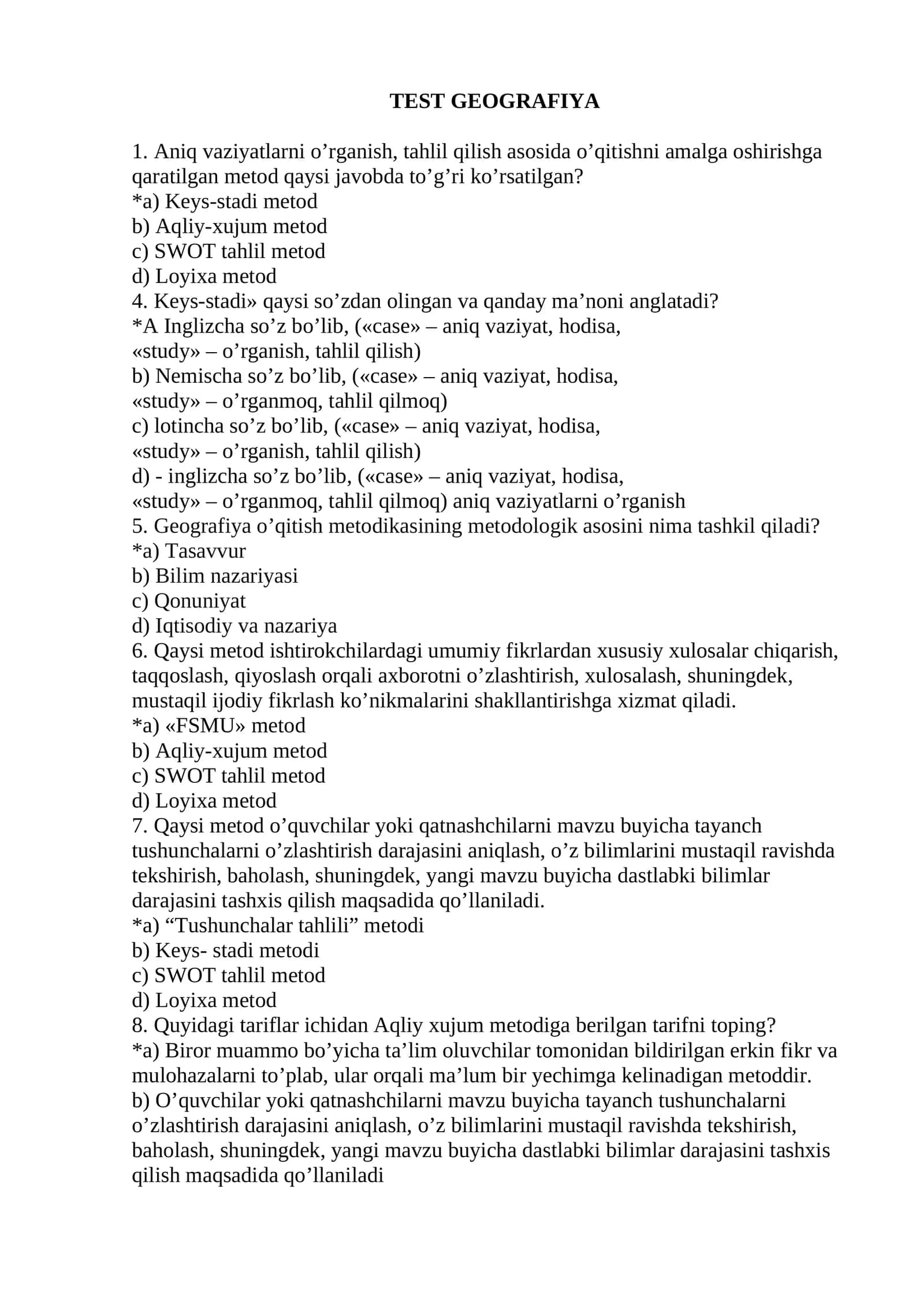 GEOGRAFIYA MUTAXASISLIK TESTLARI 1