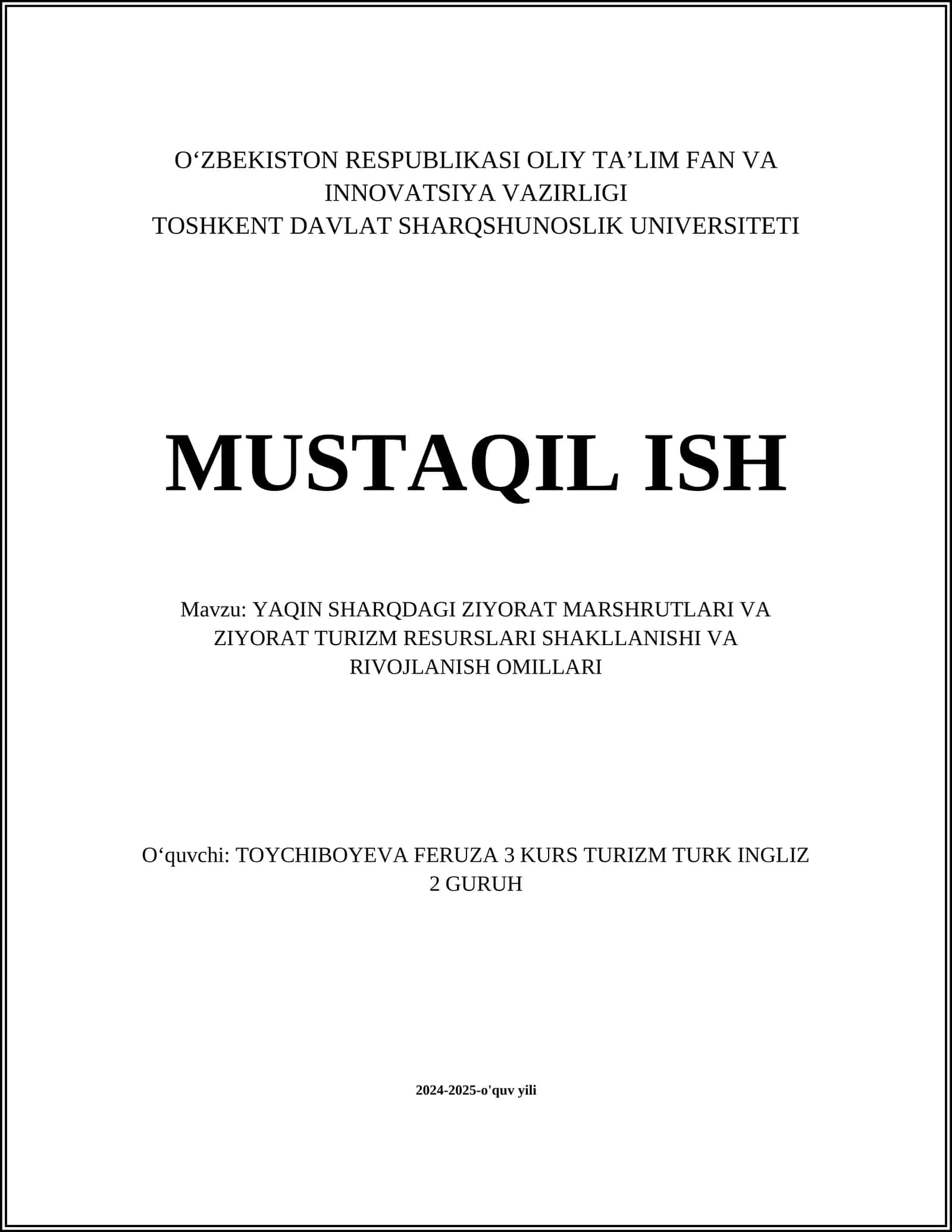 YAQIN SHARQDAGI ZIYORAT MARSHRUTLARI VA ZIYORAT TURIZM RESURSLARI SHAKLLANISHI VA RIVOJLANISH OMILLARI 1