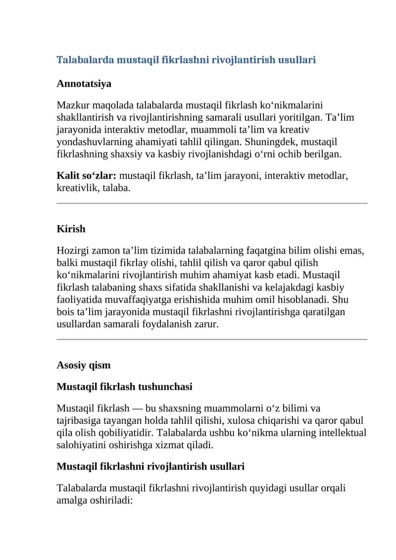 Talabalarda mustaqil fikrlashni rivojlantirish usullari 1