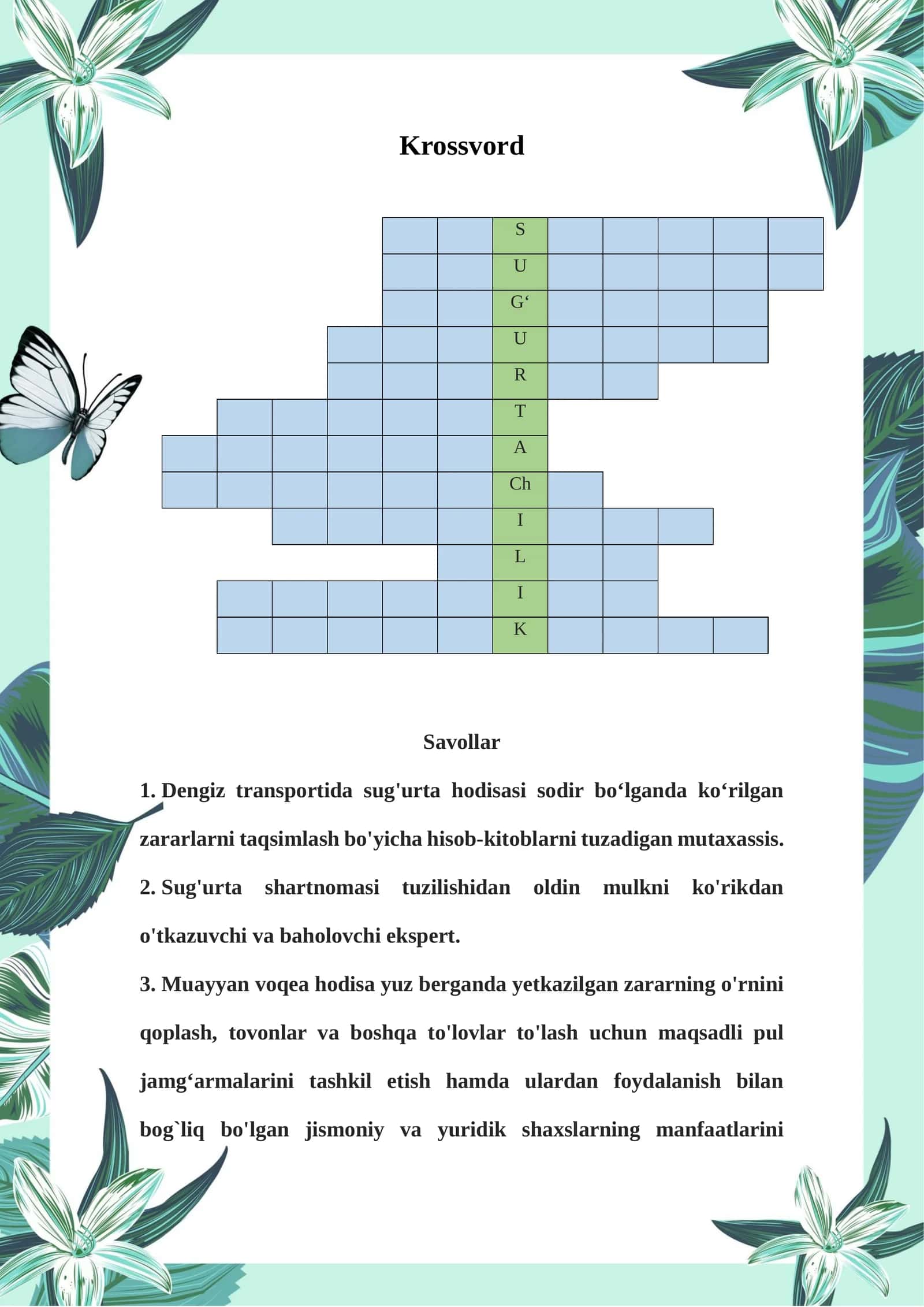 Sugʻurtaga oid  krossvord 1