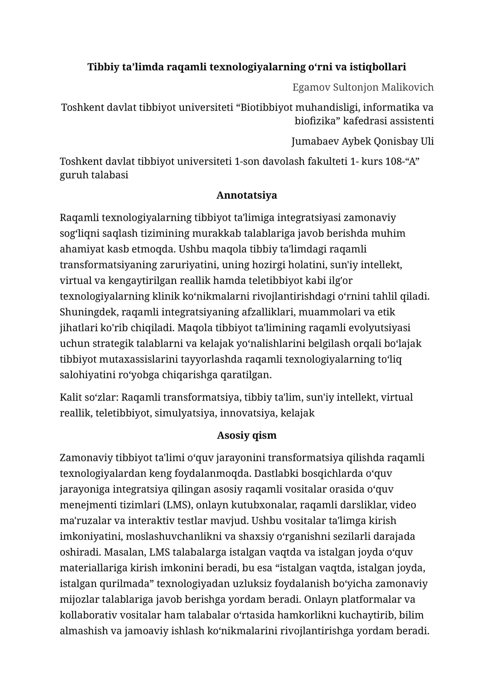 Tibbiy ta’limda raqamli texnologiyalarning oʻrni va istiqbollari 1