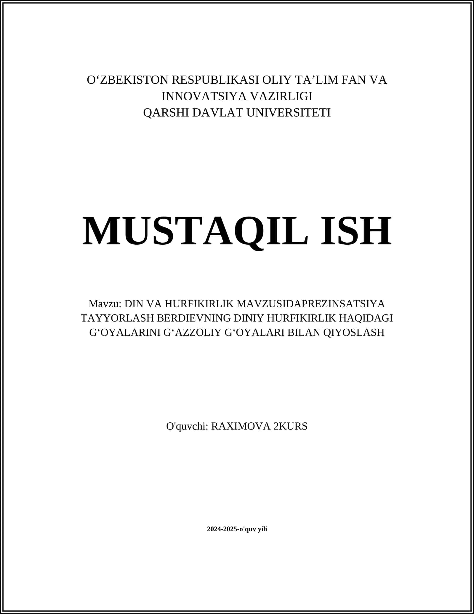 DIN VA HURFIKIRLIK MAVZUSIDAPREZINSATSIYA TAYYORLASH BERDIEVNING DINIY HURFIKIRLIK HAQIDAGI GʻOYALARINI GʻAZZOLIY GʻOYALARI BILAN QIYOSLASH 1