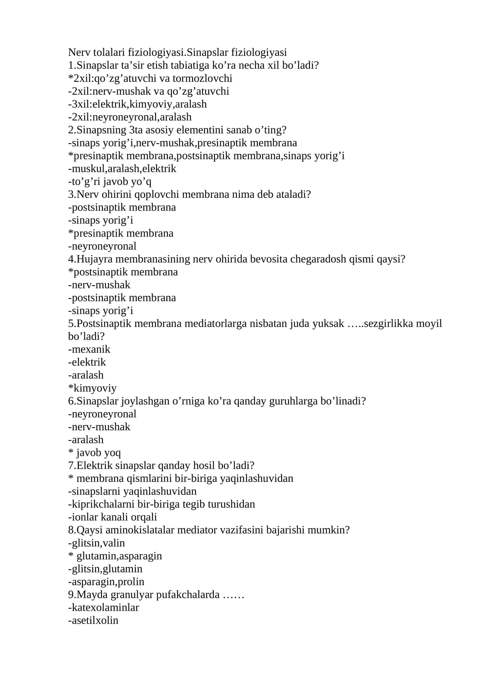 Nerv tolalari fiziologiyasi.Sinapslar fiziologiyasi 1