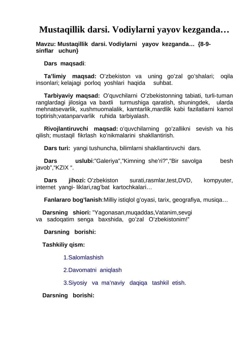 Mustaqillikdarsi. Vodiylarniyayovkezganda…{8-9-sinflaruchun} 1