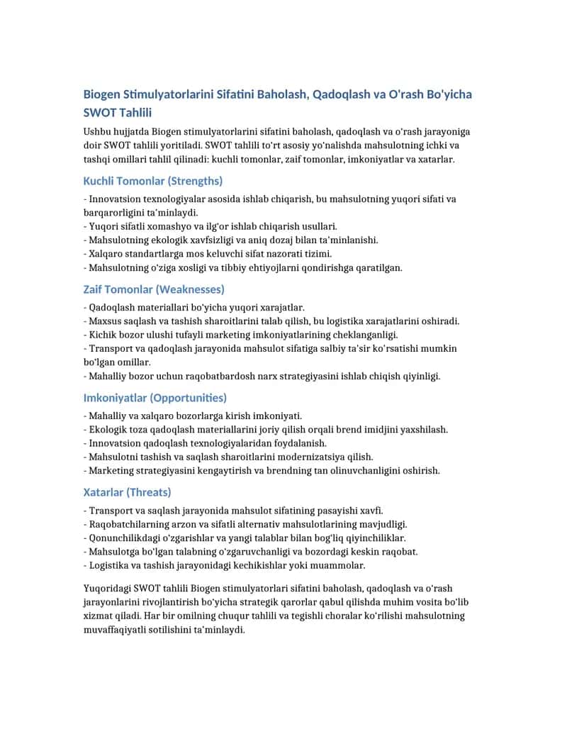 Biogen Stimulyatorlarini Sifatini Baholash, Qadoqlash va O'rash Bo'yicha SWOT Tahlili 1