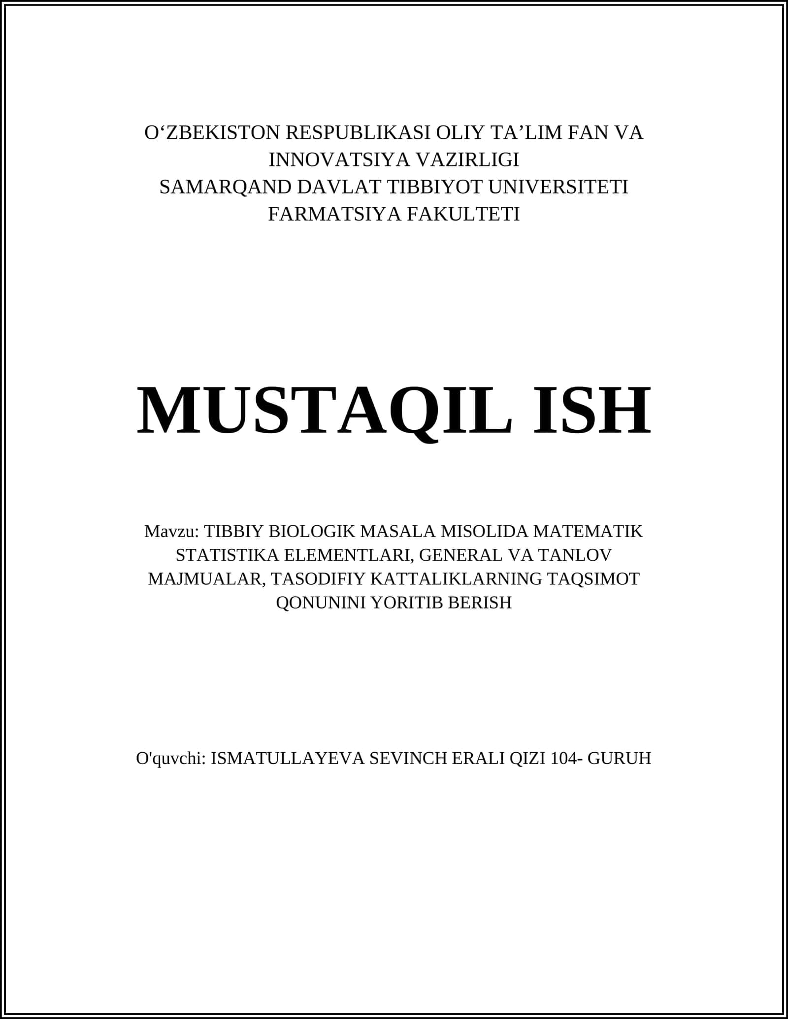 TIBBIY BIOLOGIK MASALA MISOLIDA MATEMATIK STATISTIKA ELEMENTLARI 1