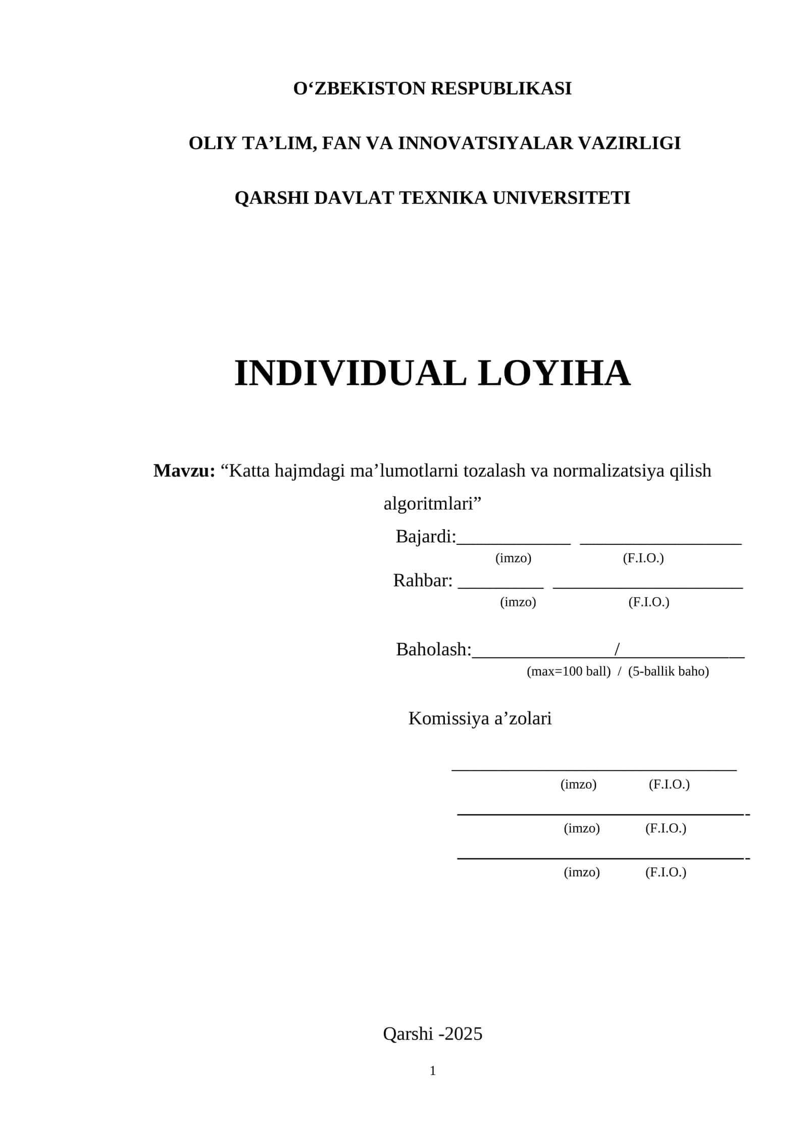 Katta hajmdagi ma’lumotlarni tozalash va normalizatsiya qilish algoritmlari 1