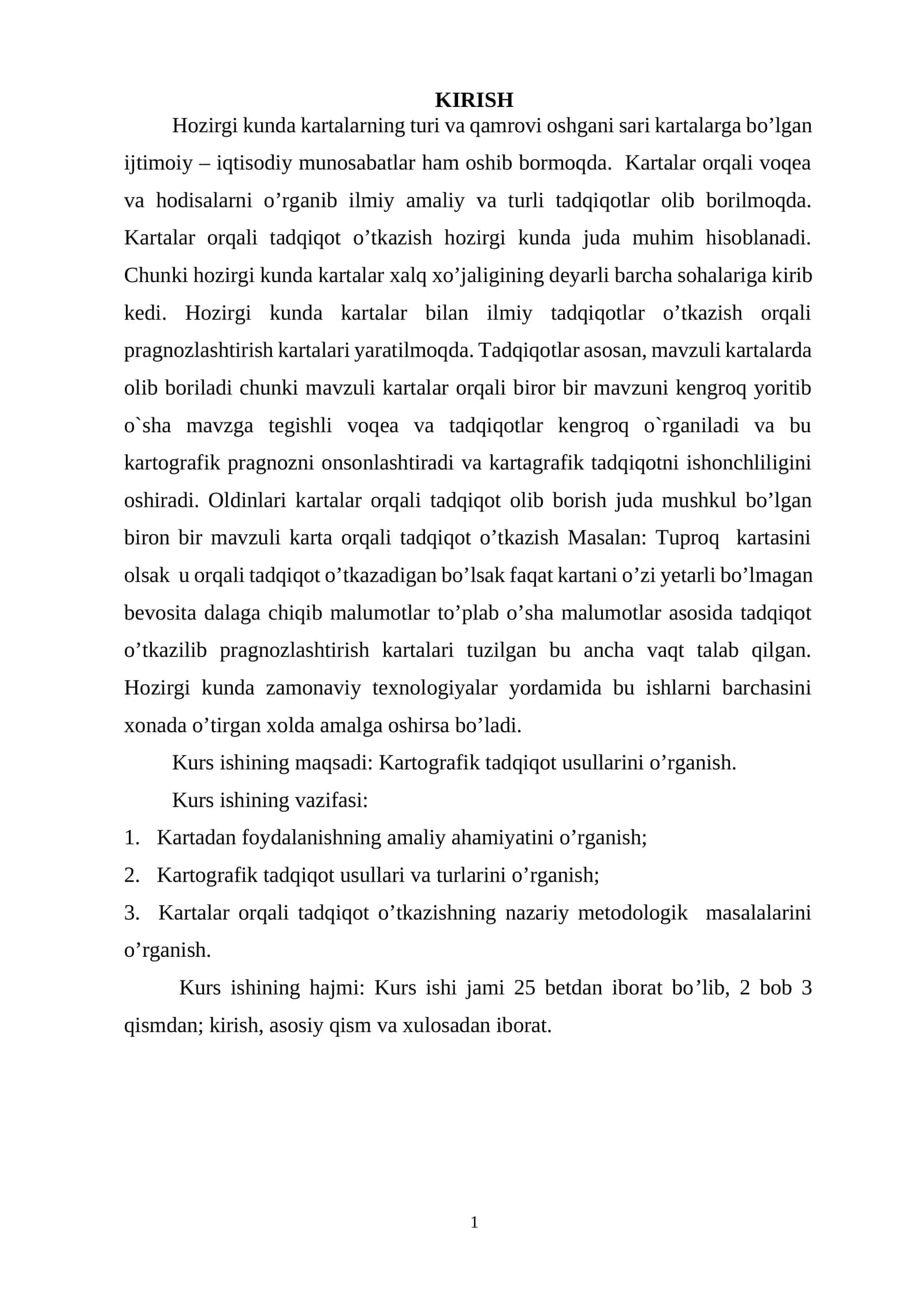 KARTALAR ORQALI TADQIQOT O’TKAZISH kurs ishi 1