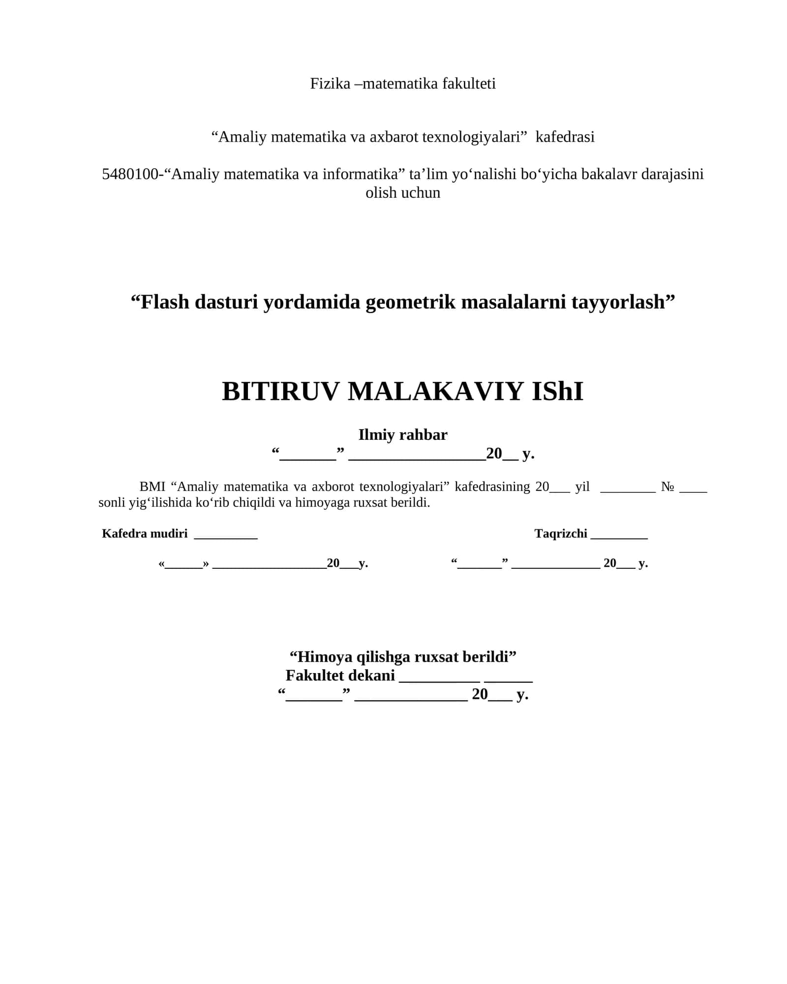 "Flash dasturi yordamida geometrik masalalarni tayyorlash" mavzusida BMI 1