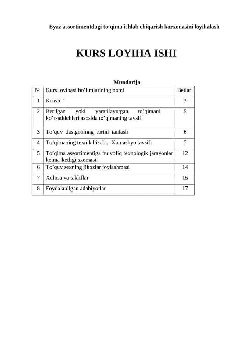 Byaz assortimentdagi to’qima ishlab chiqarish korxonasini loyihalash kurs ishi 1