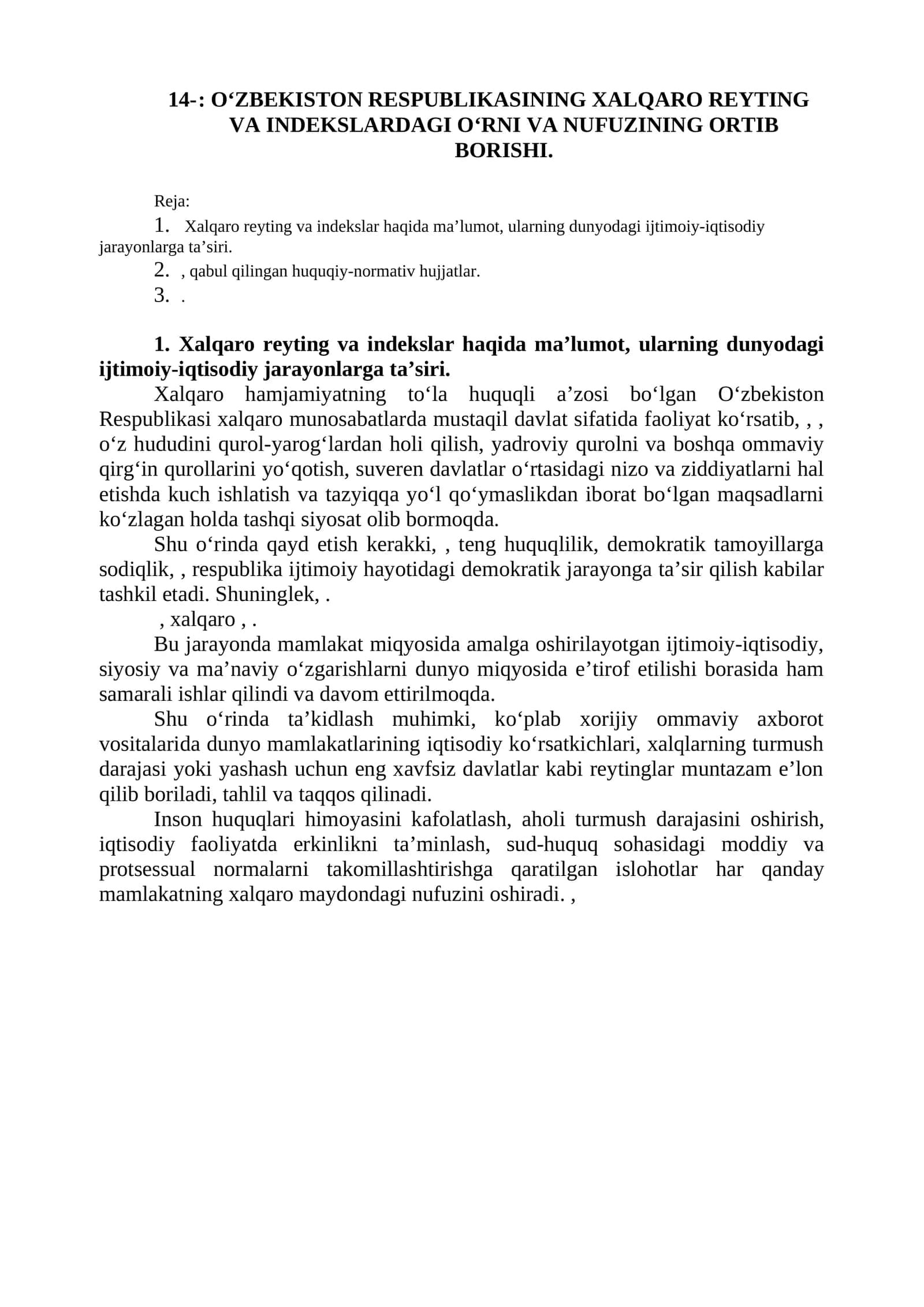 O‘ZBEKISTON RESPUBLIKASINING XALQARO REYTING VA INDEKSLARDAGI O‘RNI VA NUFUZINING ORTIB BORISHI 1