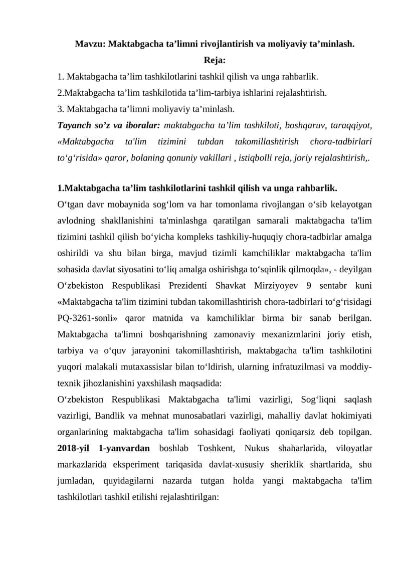 Maktabgacha ta’limni rivojlantirish va moliyaviy ta’minlash 1