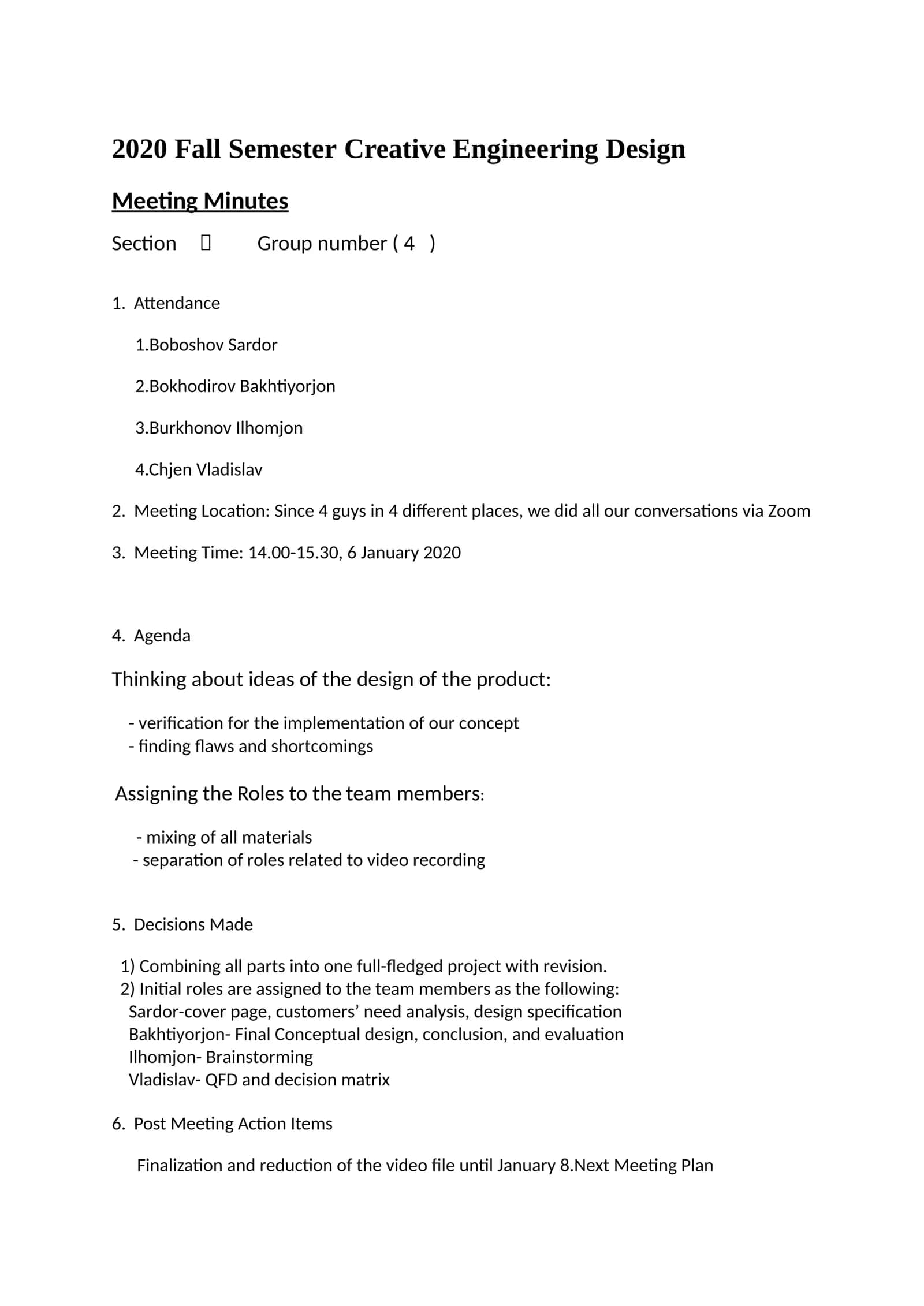 2020 Fall Semester Creative Engineering Design Meeting Minutes 1