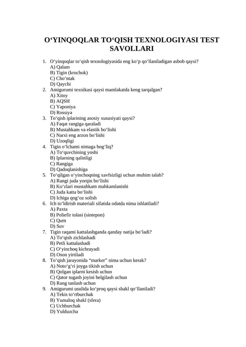 O‘YINQOQLAR TO‘QISH TEXNOLOGIYASI TEST SAVOLLARI 1