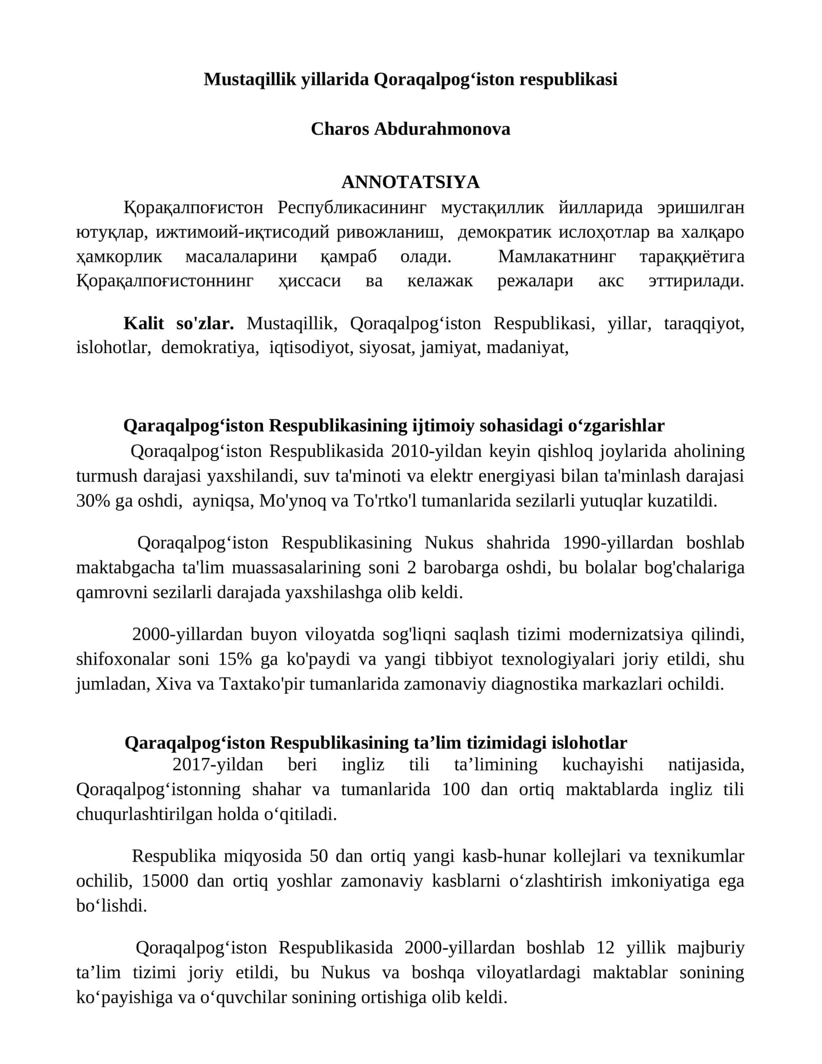 Qoraqalpogʻiston Respublikasining ijtimoiy sohasidagi oʻzgarishlar 1