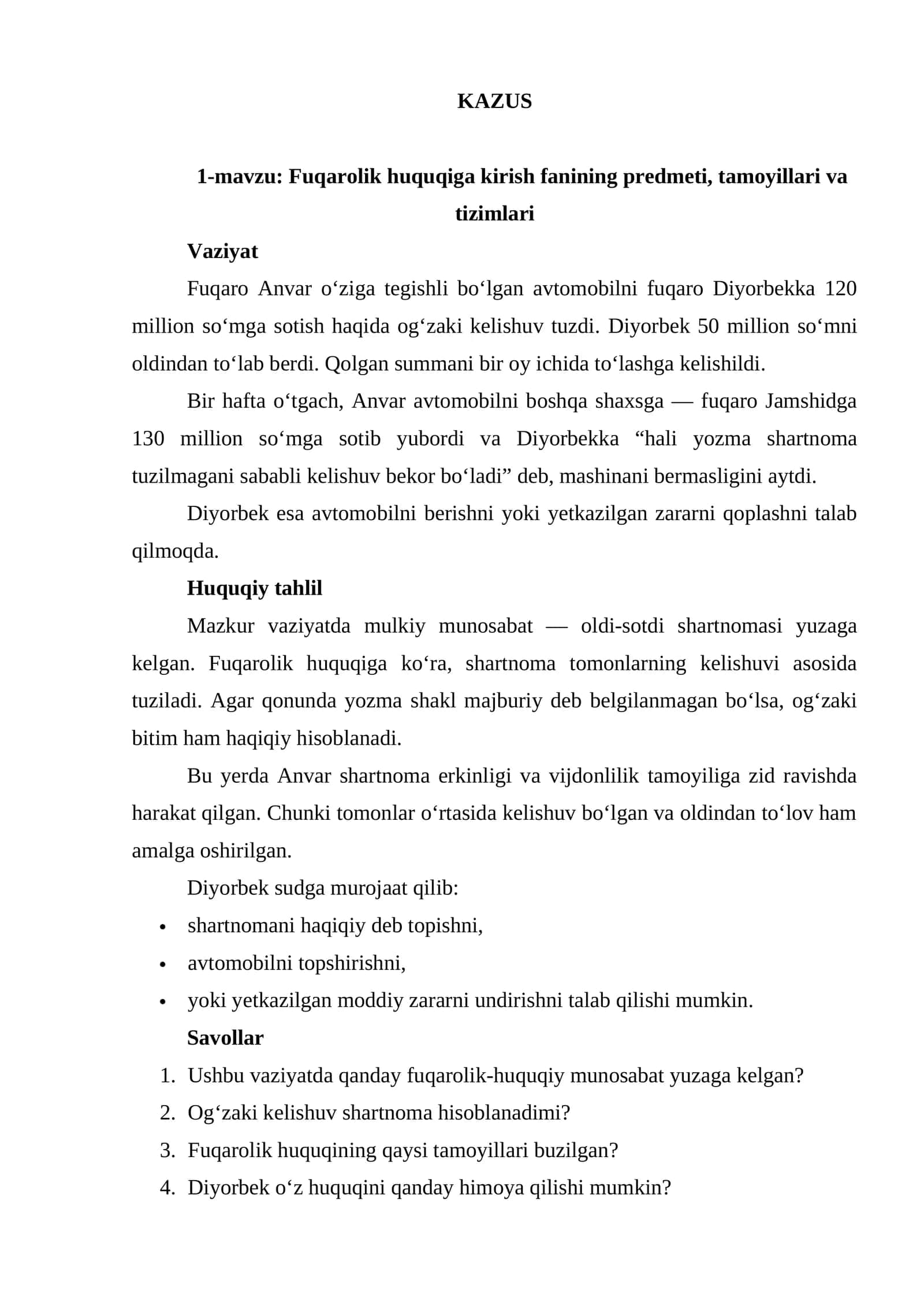 Fuqorolik huquqi fanidan kazus topshiriqlari 1