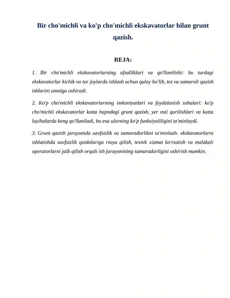 Bir cho'michli va ko'p cho'michli ekskavatorlar bilan grunt qazish. 1