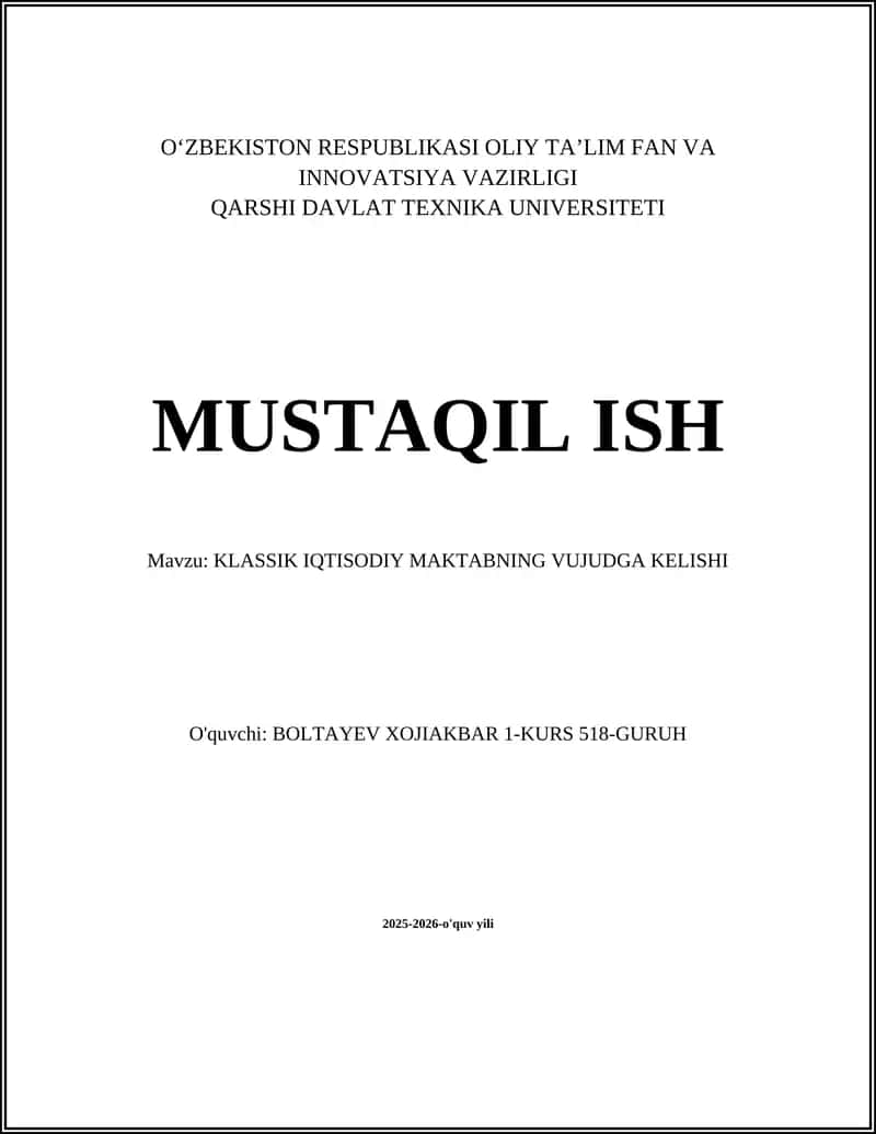KLASSIK IQTISODIY MAKTABNING VUJUDGA KELISHI 1