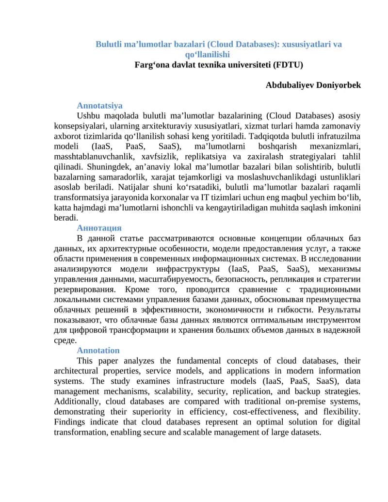 Bulutli ma’lumotlar bazalari (Cloud Databases) 1