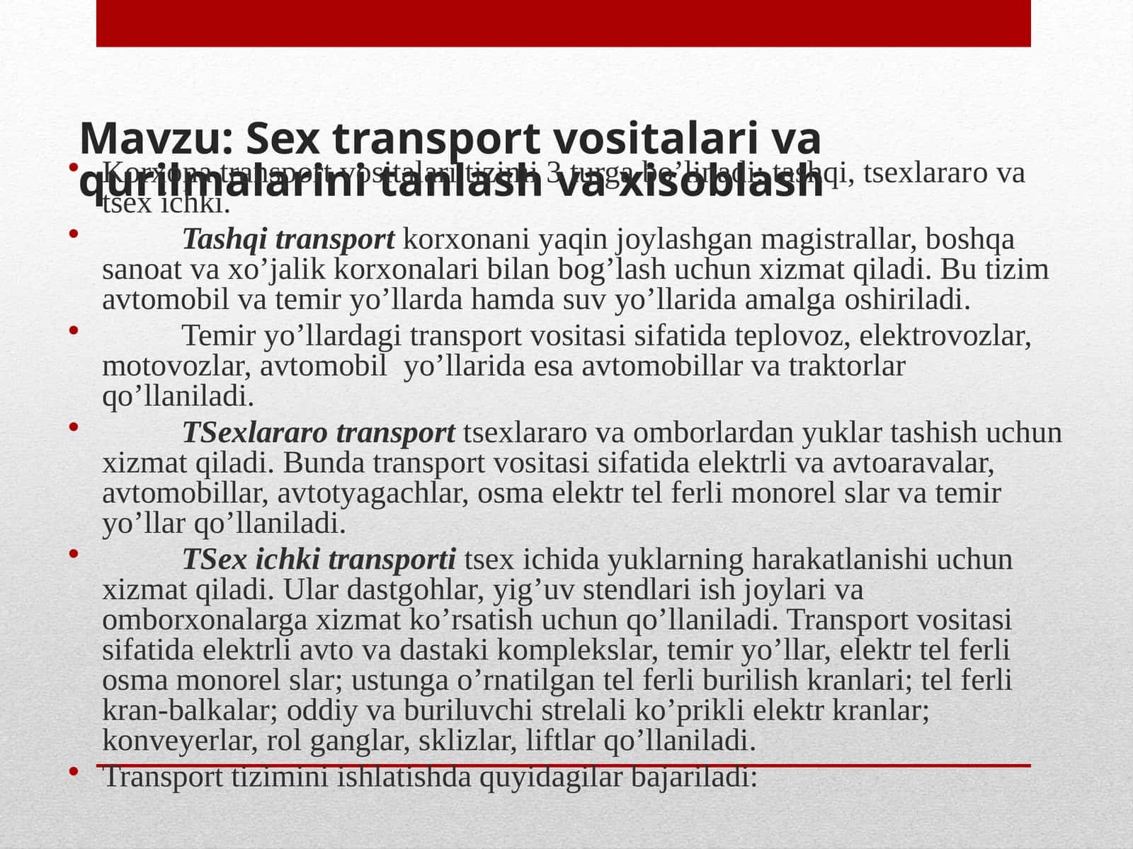 Sex transport vositalari va qurilmalarini tanlash va xisoblash 1