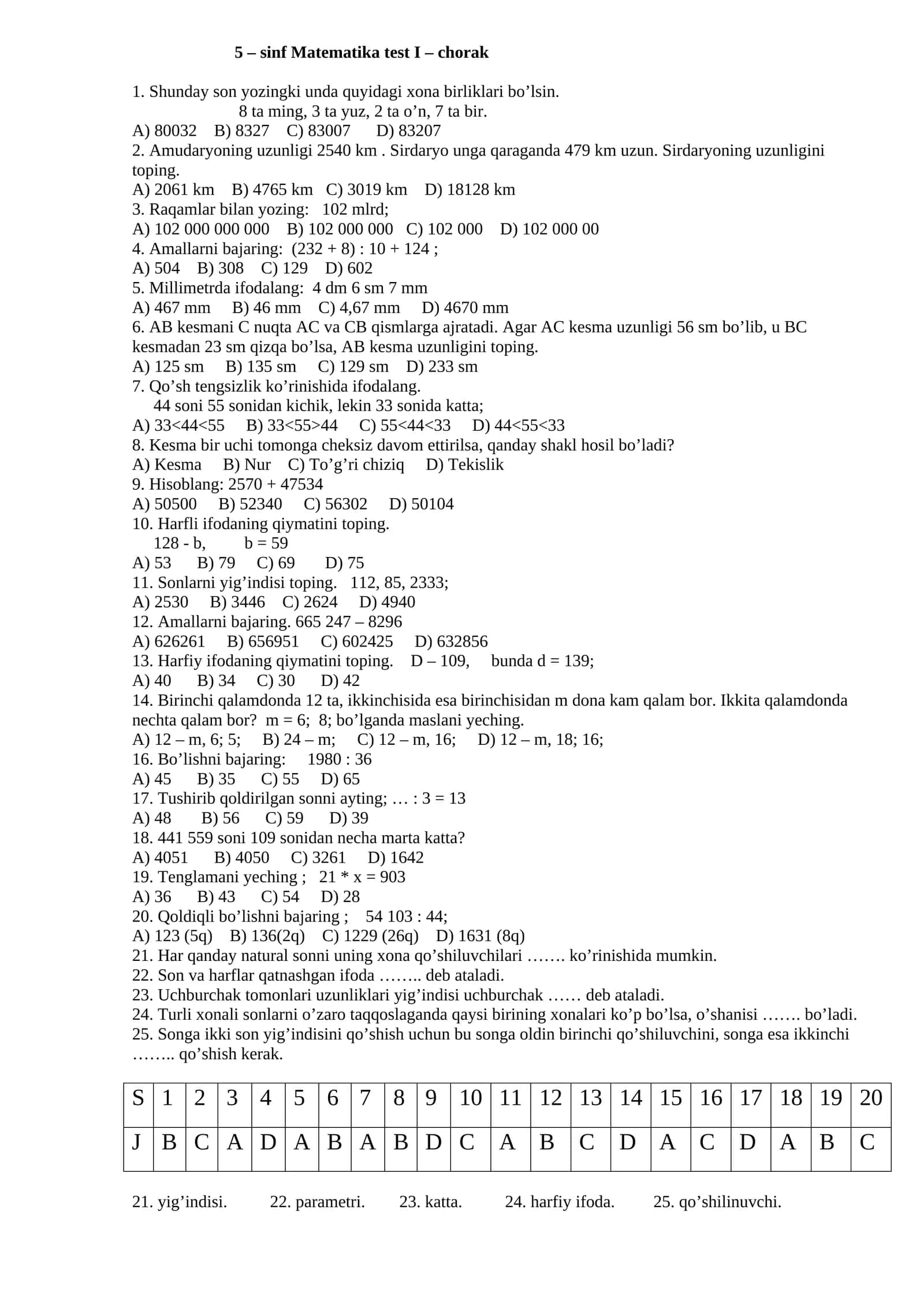 5 – sinf Matematika test I – chorak 1