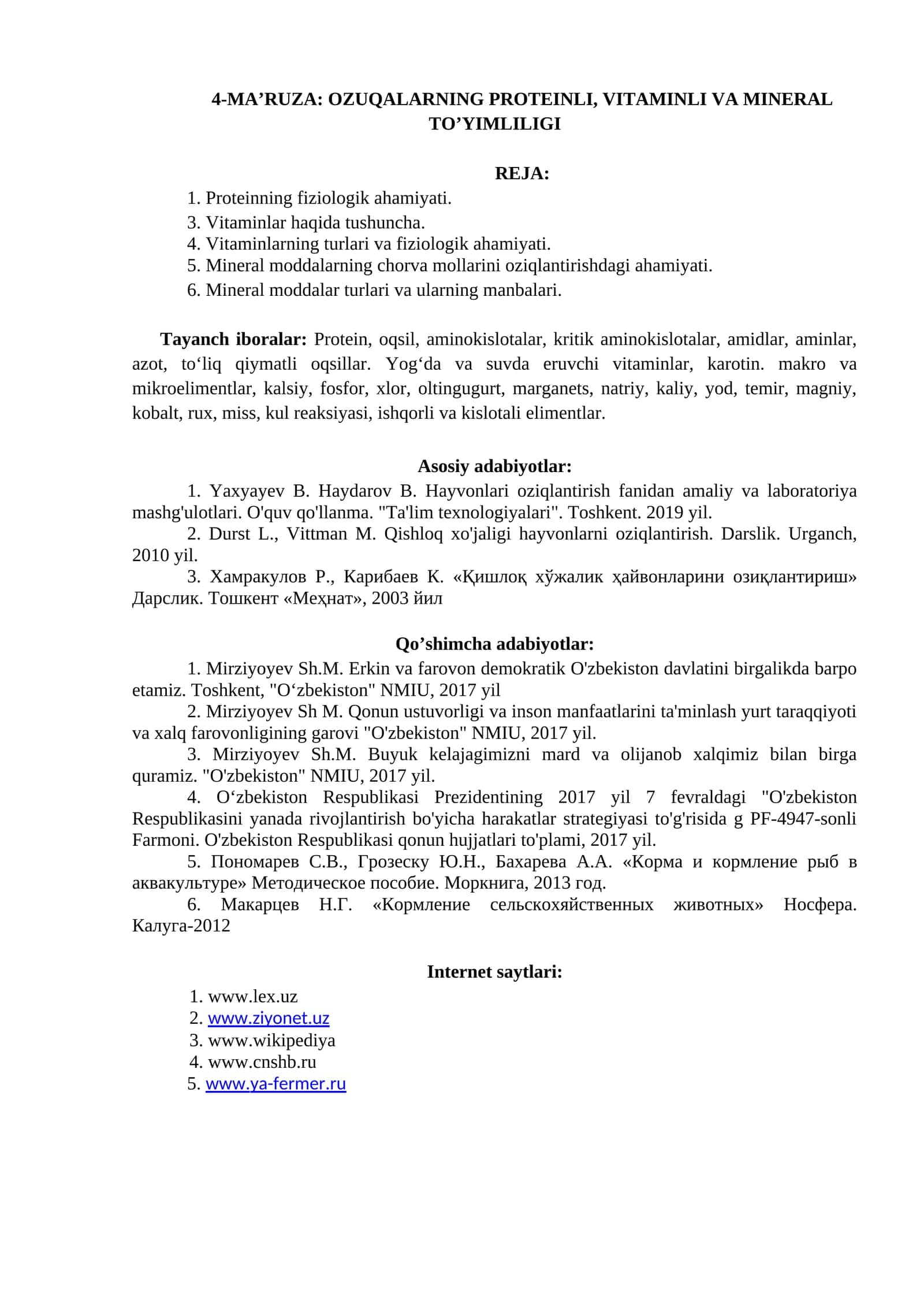 4-MA’RUZA: OZUQALARNING PROTEINLI, VITAMINLI VA MINERAL TO’YIMLILIGI 1
