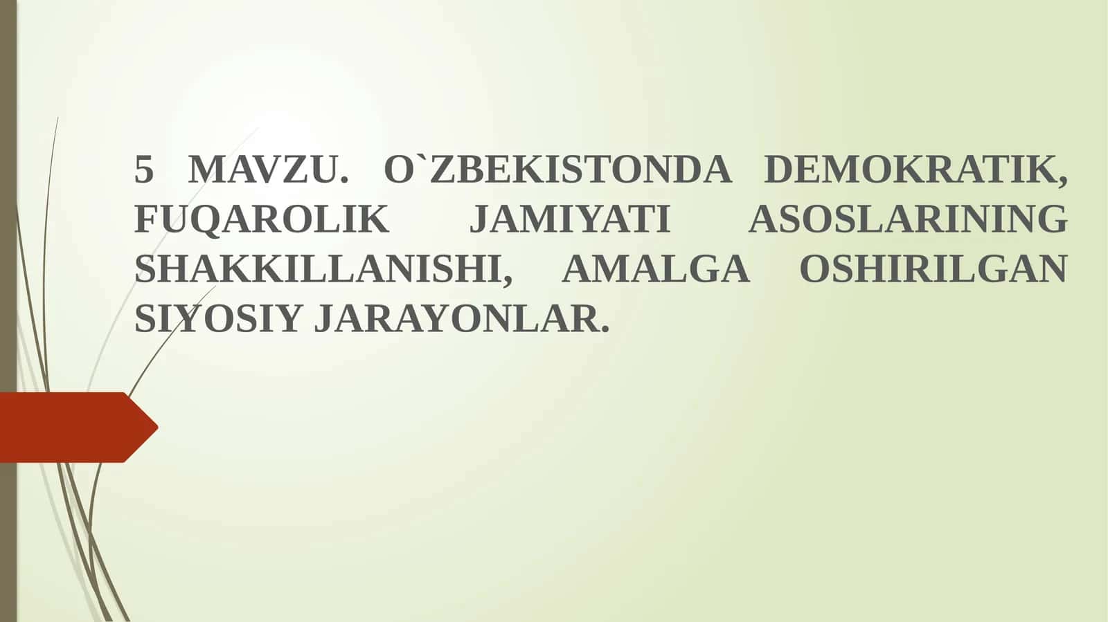 O`ZBEKISTONDA DEMOKRATIK, FUQAROLIK JAMIYATI ASOSLARINING SHAKKILLANISHI, AMALGA OSHIRILGAN SIYOSIY JARAYONLAR 1
