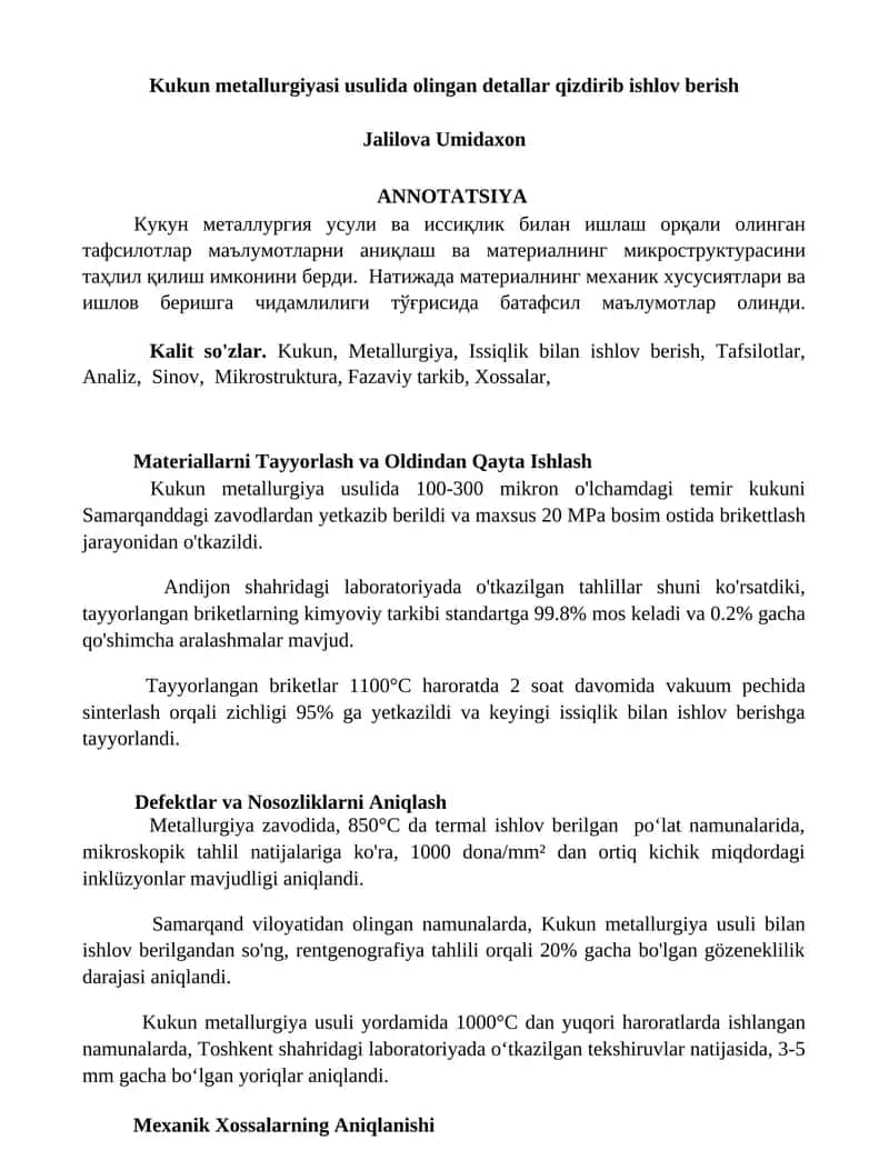 Kukun metallurgiyasi usulida olingan detallar qizdirib ishlov berish 1
