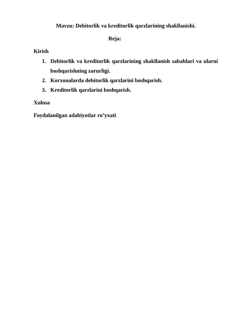 Debitorlik va kreditorlik qarzlarining shakllanishi 1