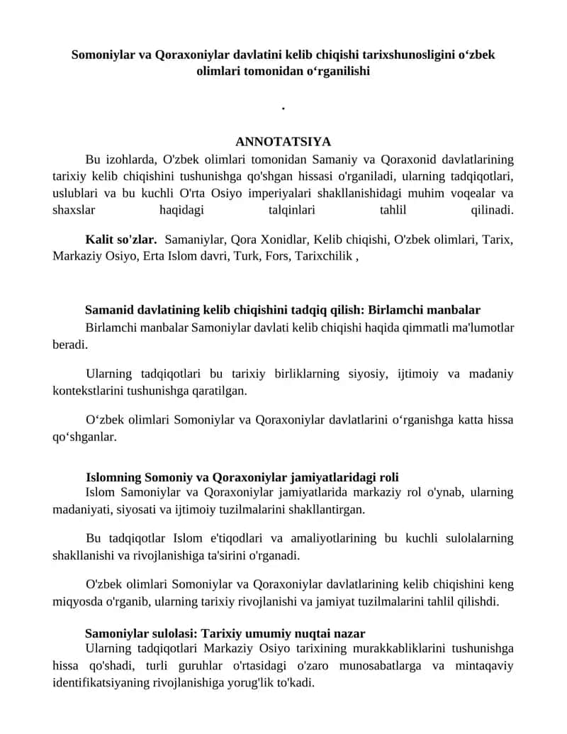 Somoniylar va Qoraxoniylar davlatini kelib chiqishi tarixshunosligini oʻzbek olimlari tomonidan oʻrganilishi 1