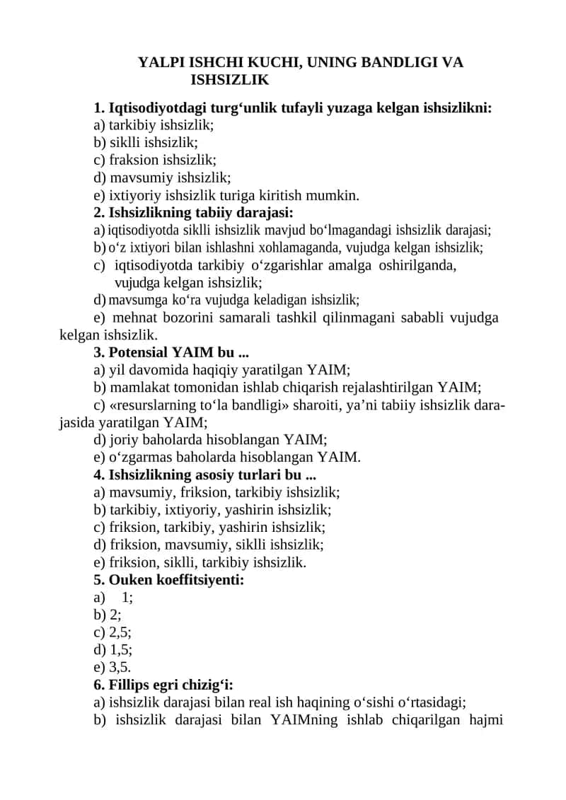 YALPI ISHCHI KUCHI, UNING BANDLIGI VA ISHSIZLIK 1