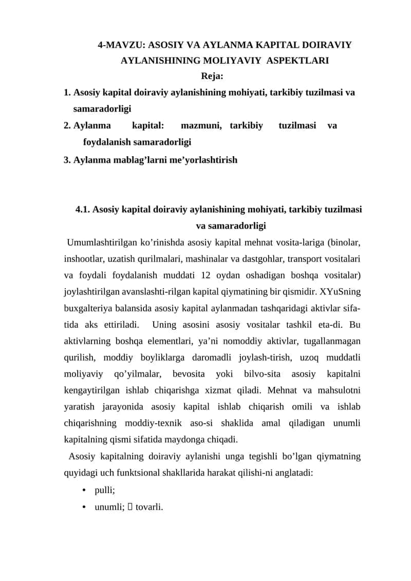 ASOSIY VA AYLANMA KAPITAL DOIRAVIY AYLANISHINING MOLIYAVIY ASPEKTLARI 1