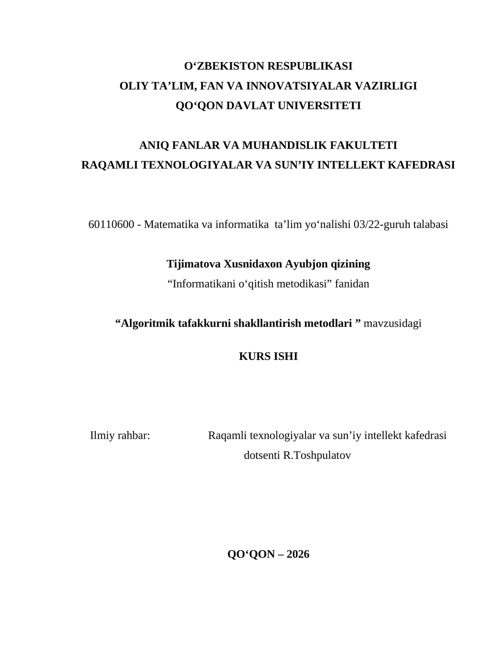 Algoritmik tafakkurni shakllantirish metodlari KURS ISHI 1