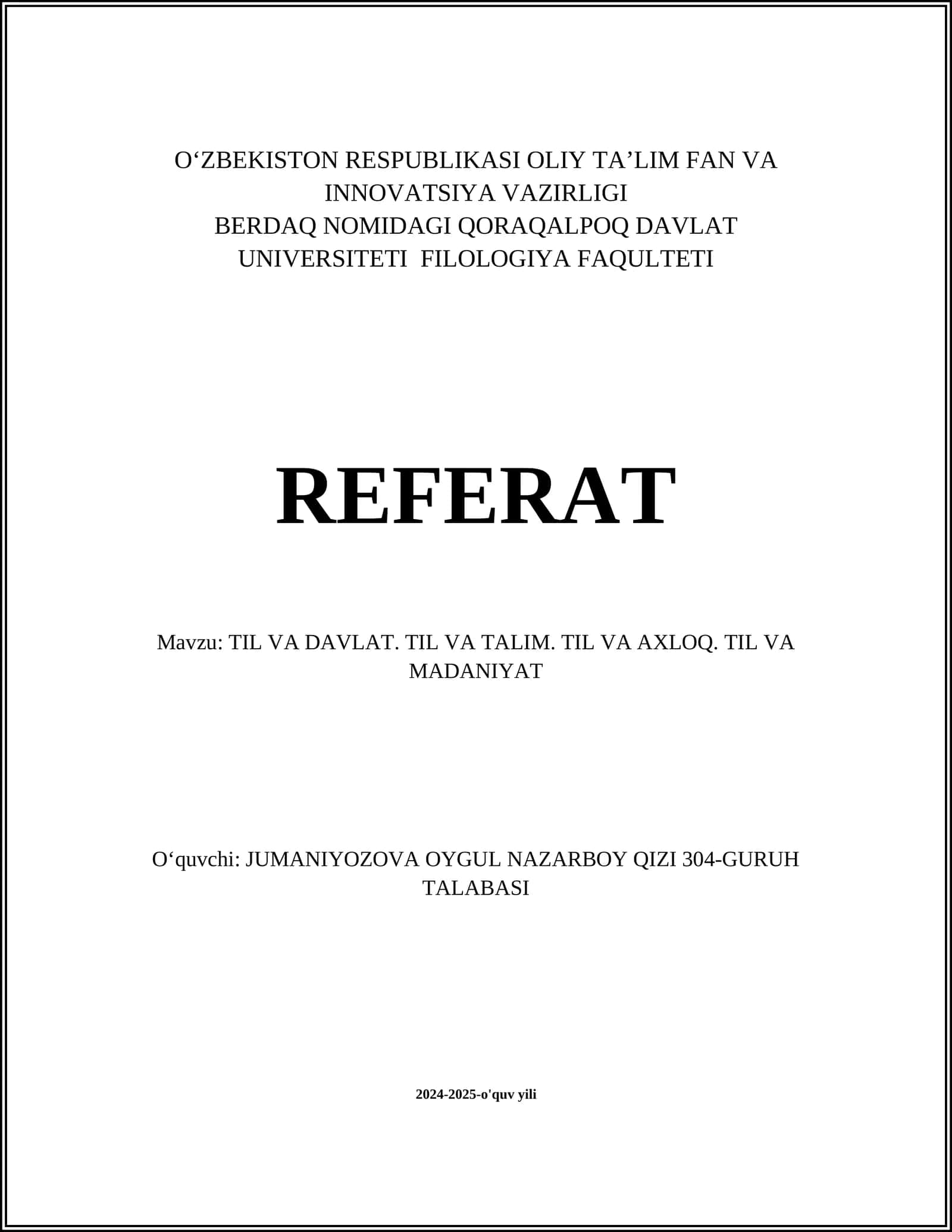 Mavzu: TIL VA DAVLAT. TIL VA TALIM. TIL VA AXLOQ. TIL VA MADANIYAT 1