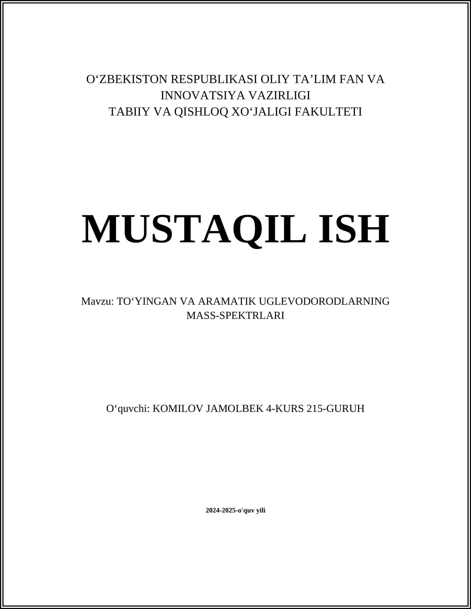 TOʻYINGAN VA ARAMATIK UGLEVODORODLARNING MASS-SPEKTRLARI 1