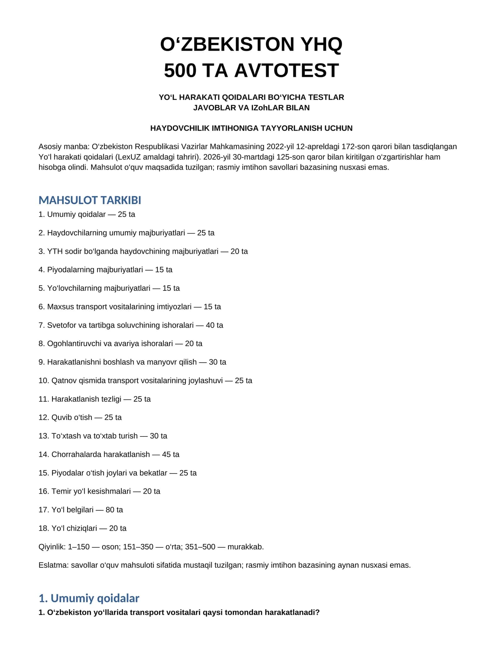 O‘zbekiston YHQ — 500 ta avtotest savollari va javoblari 1