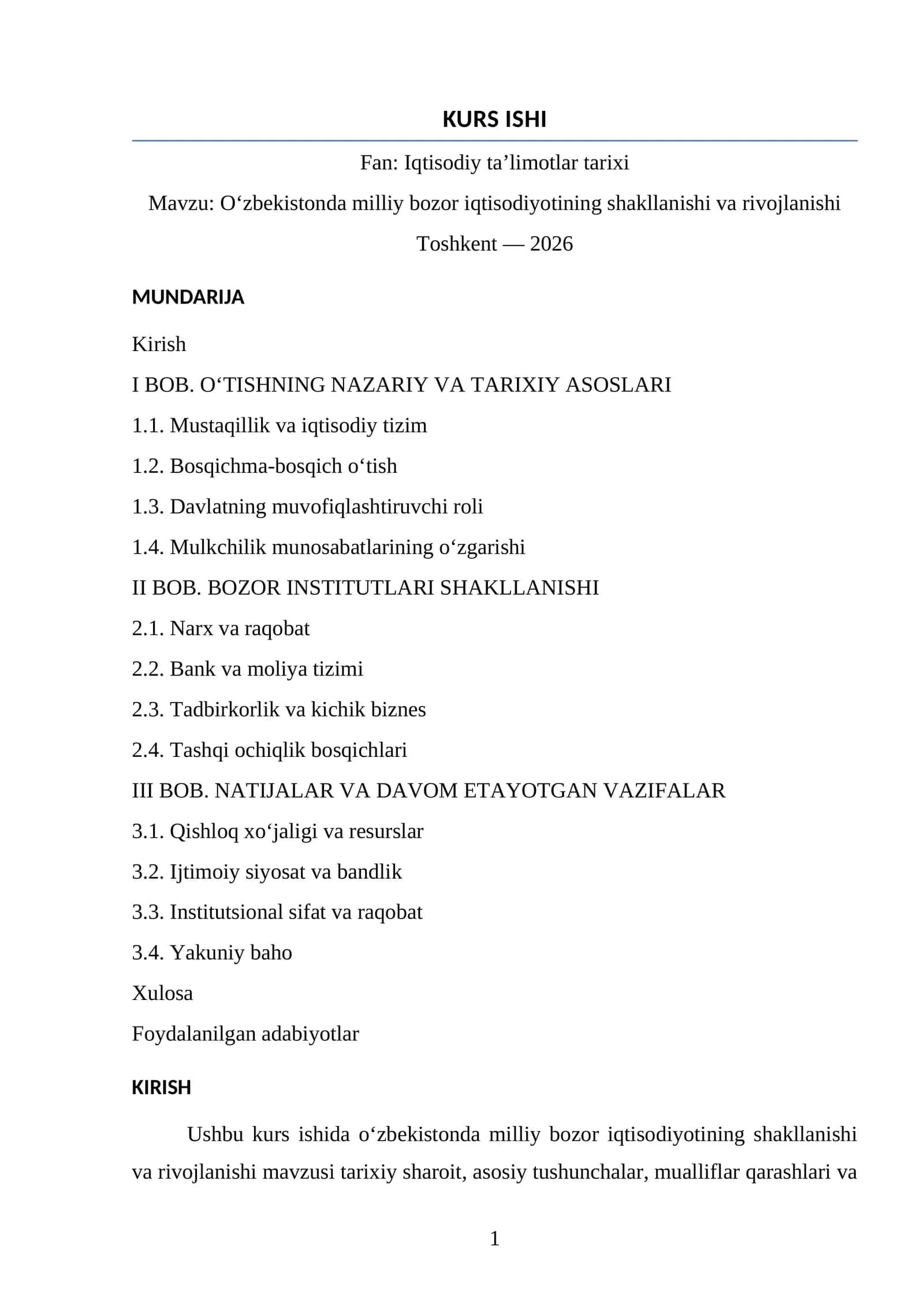 O‘zbekistonda milliy bozor iqtisodiyotining shakllanishi va rivojlanishi 1