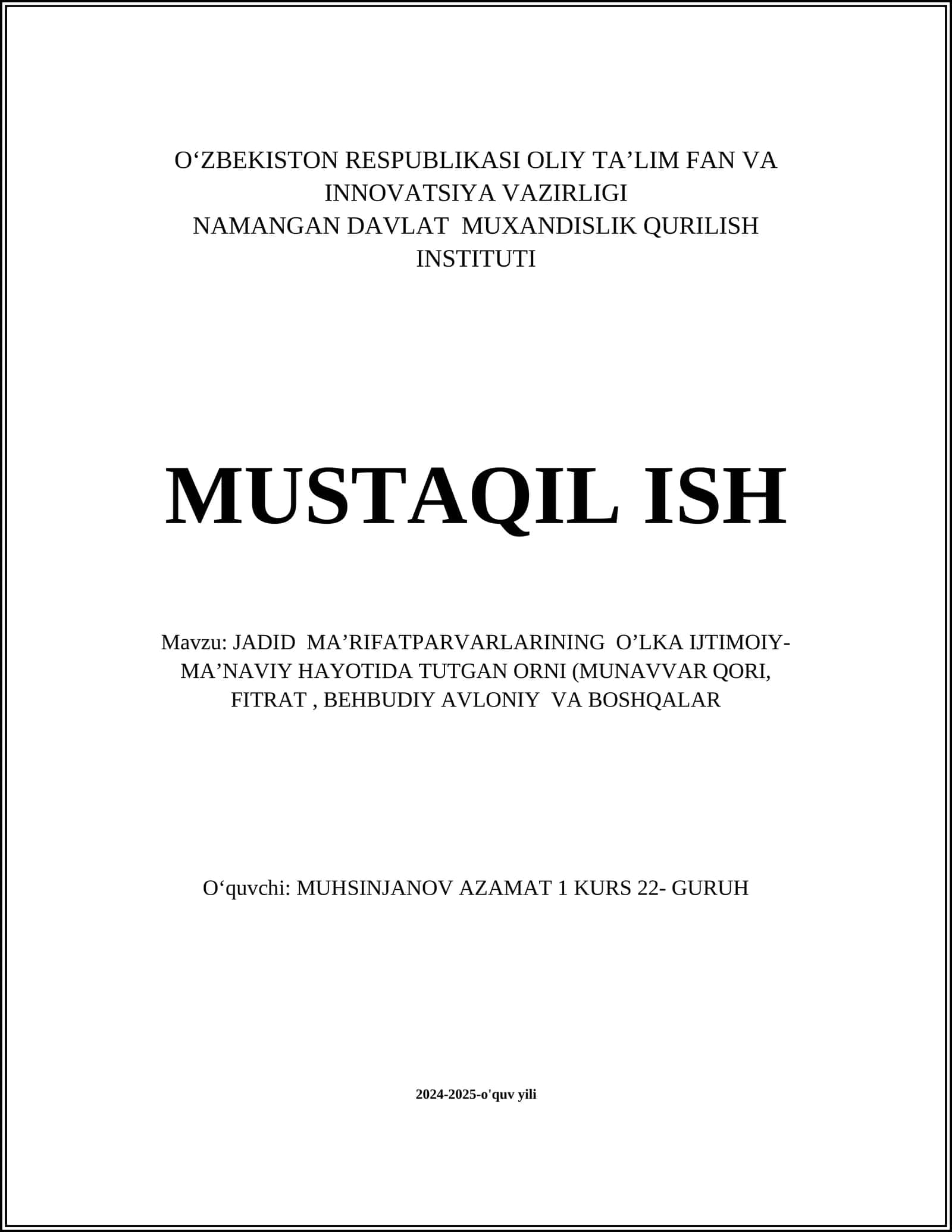 JADID MAʼRIFATPARVARLARINING OʼLKA IJTIMOIY-MAʼNAVIY HAYOTIDA TUTGAN ORNI (MUNAVVAR QORI, FITRAT, BEHBUDIY AVLONIY VA BOSHQALAR 1