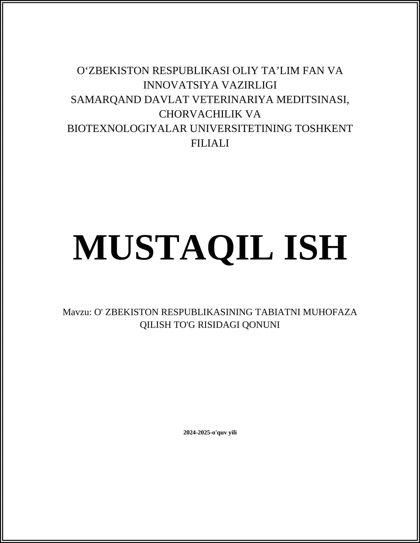 O'ZBEKISTON RESPUBLIKASINING TABIATNI MUHOFAZA QILISH TO'G RISIDAGI QONUNI 1