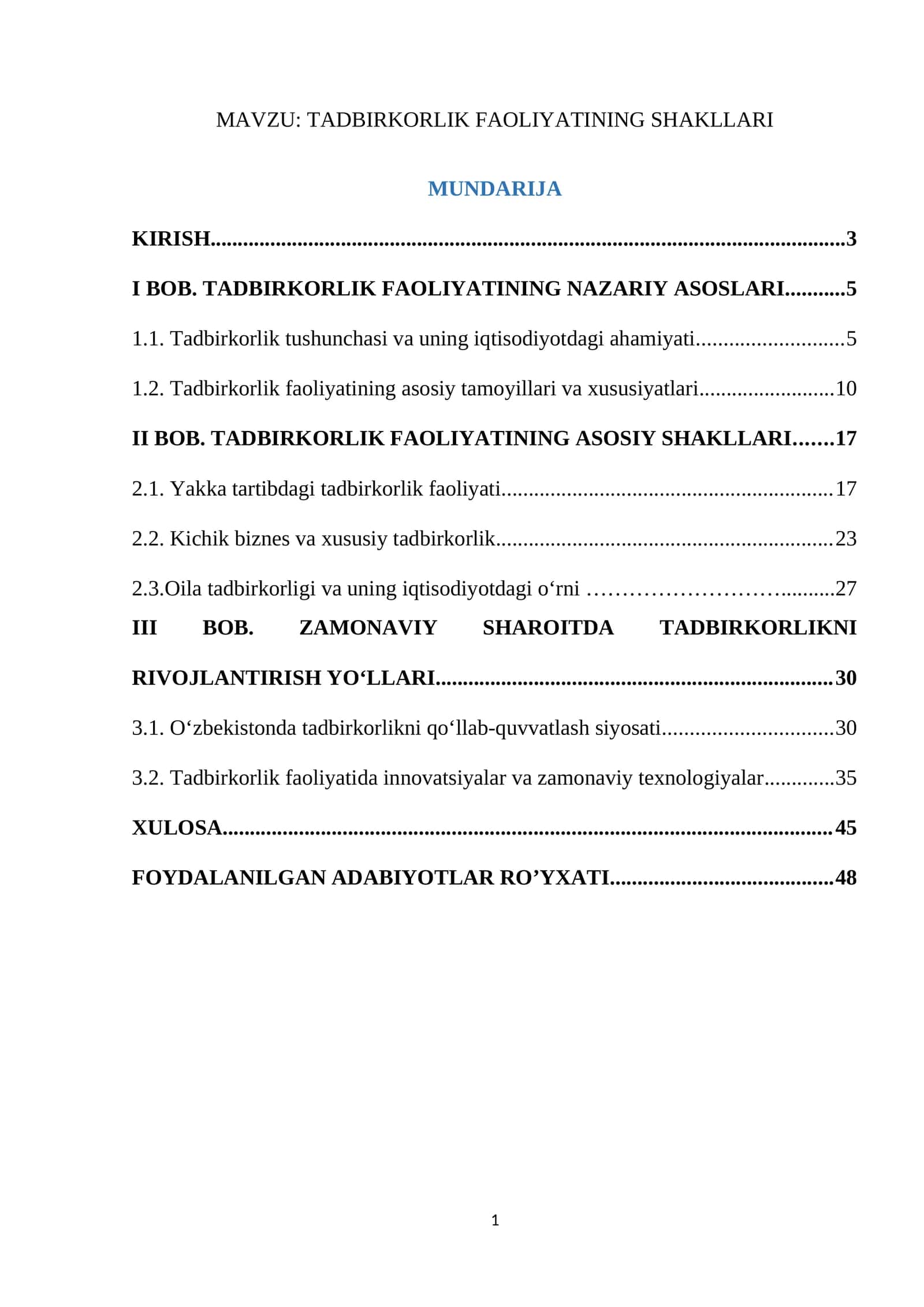 TADBIRKORLIK FAOLIYATINING SHAKLLARI kurs ishi 1