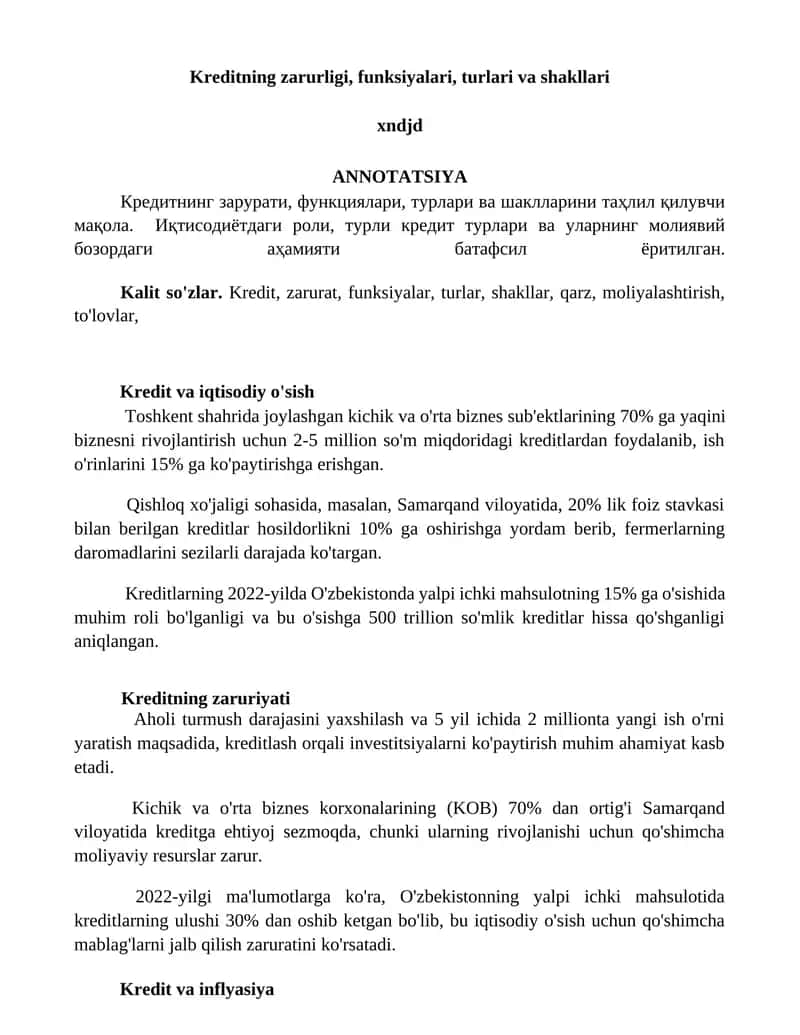 Kreditning zarurligi, funksiyalari, turlari va shakllari 1