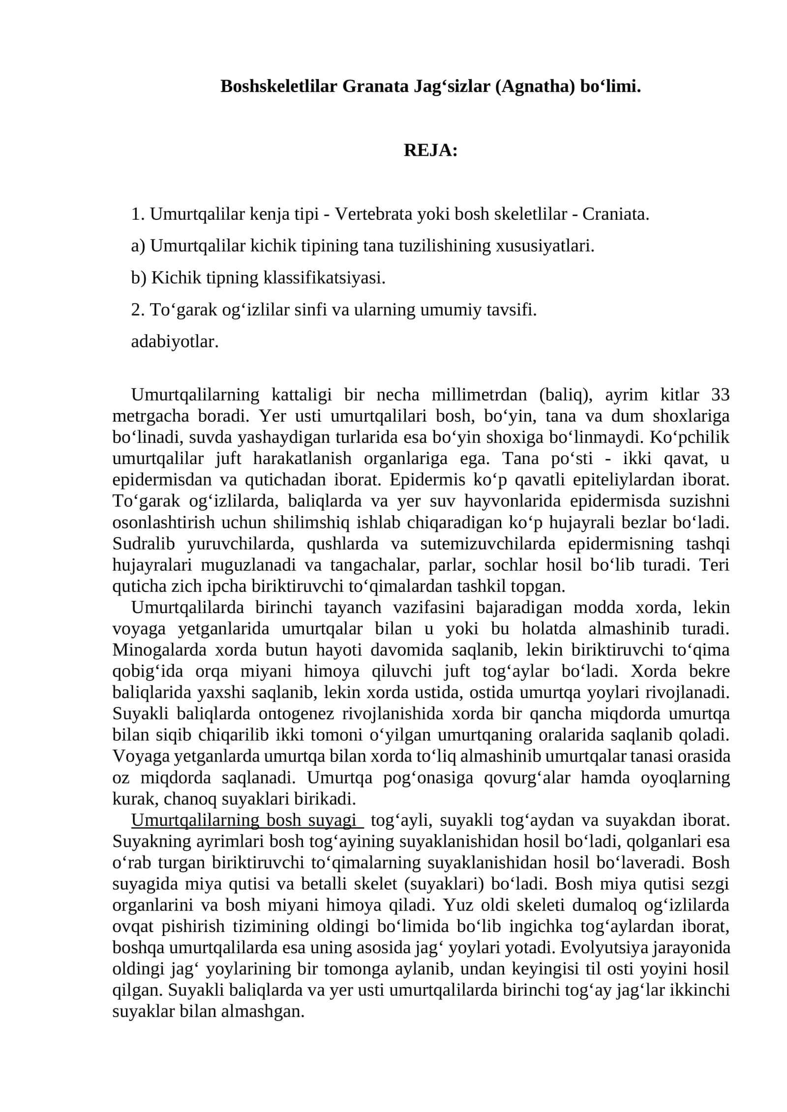 Boshskeletlilar Granata Jag‘sizlar (Agnatha) bo‘limi. 1