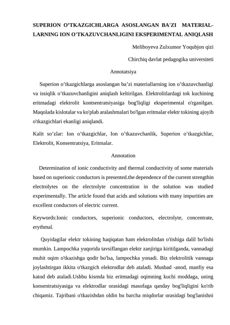 SUPERION O’TKAZGICHLARGA ASOSLANGAN BA'ZI MATERIAL-LARNING ION O'TKAZUVCHANLIGINI EKSPERIMENTAL ANIQLASH 1