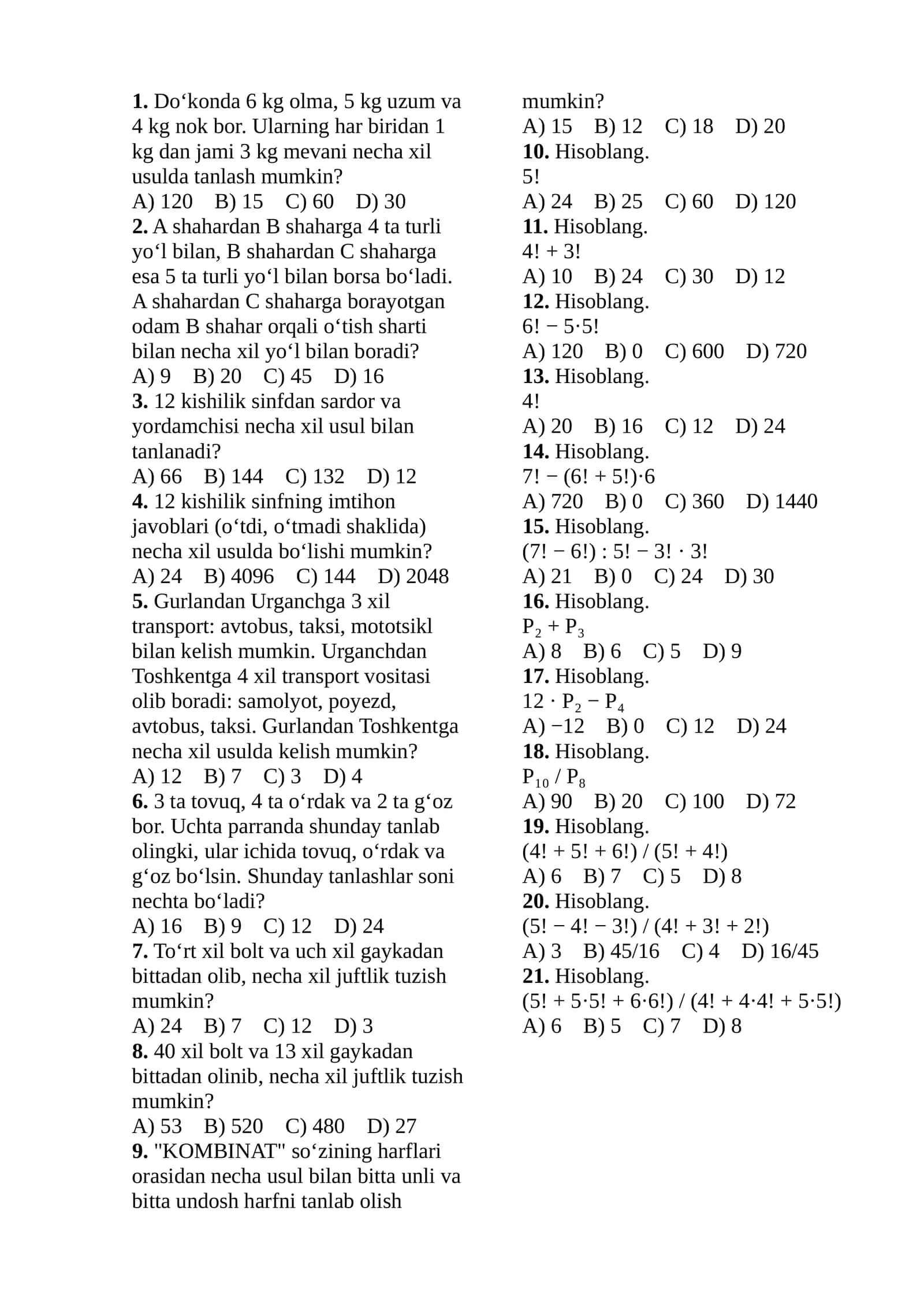 matematika testlar (oson) 1