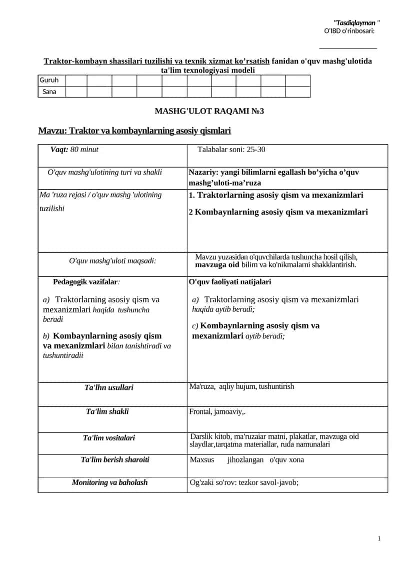 Traktor-kombayn shassilari tuzilishi va texnik xizmat ko’rsatish fаnidan o'quv mashg'ulotida ta'lim texnologiyasi modeli 1