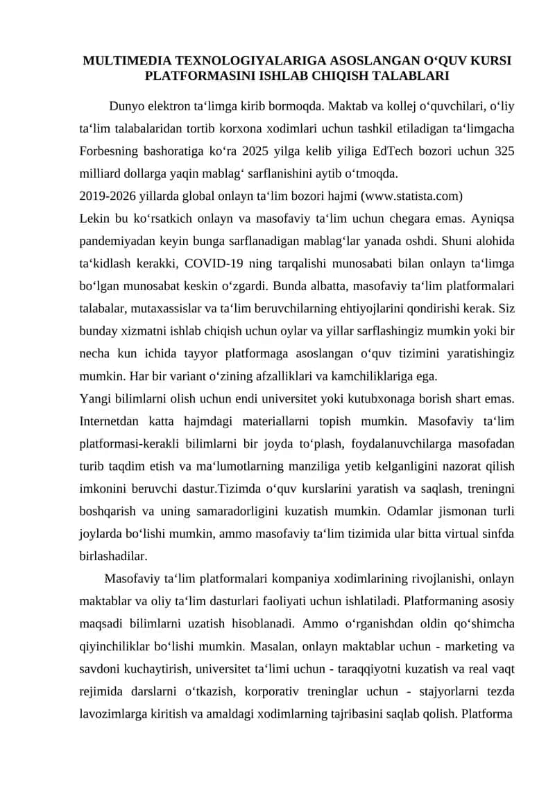Multimedia texnologiyalariga asoslangan o‘quv kursi platformasini ishlab chiqish talablari 1