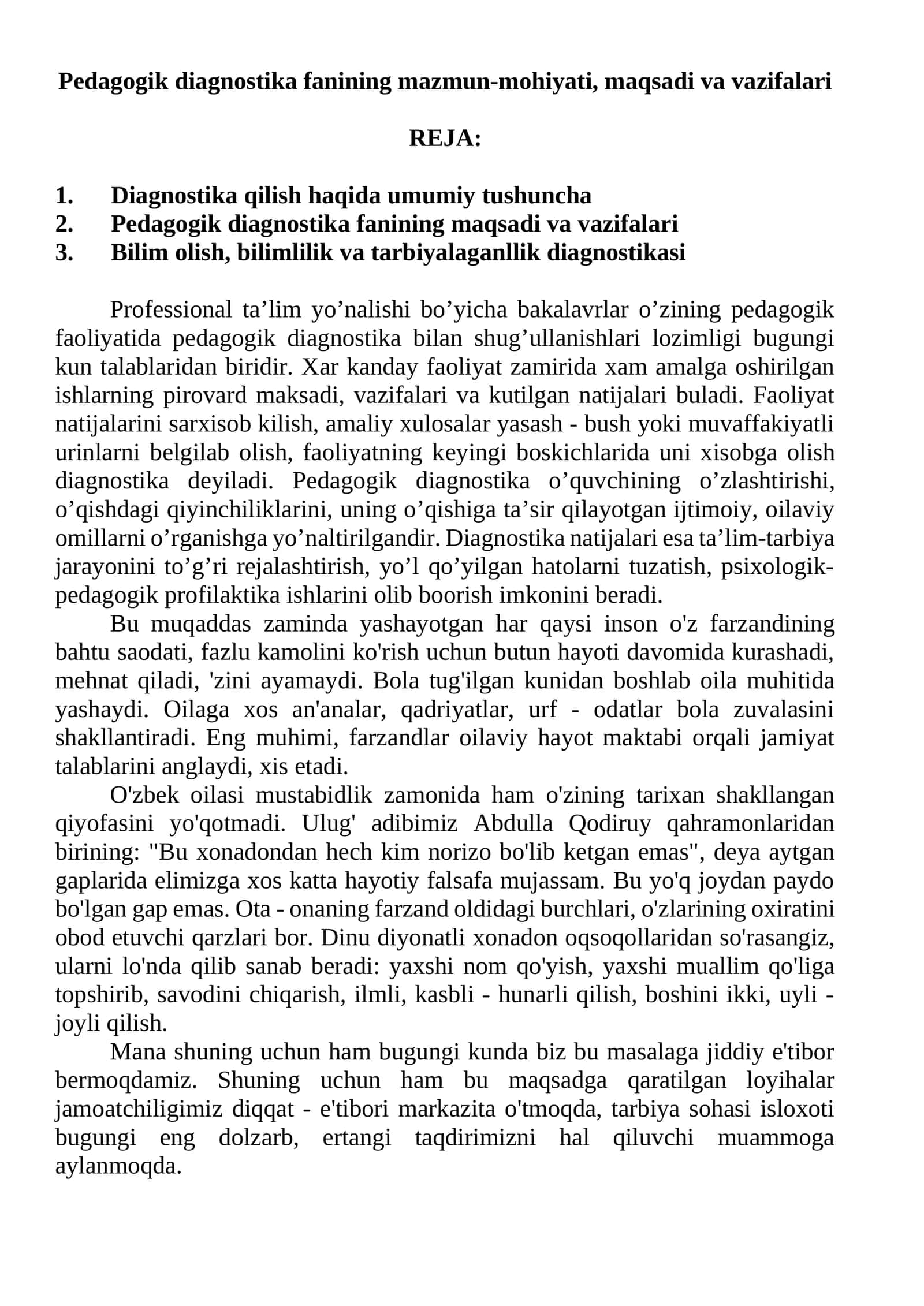 Pedagogik diagnostika fanining mazmun-mohiyati, maqsadi va vazifalari 1