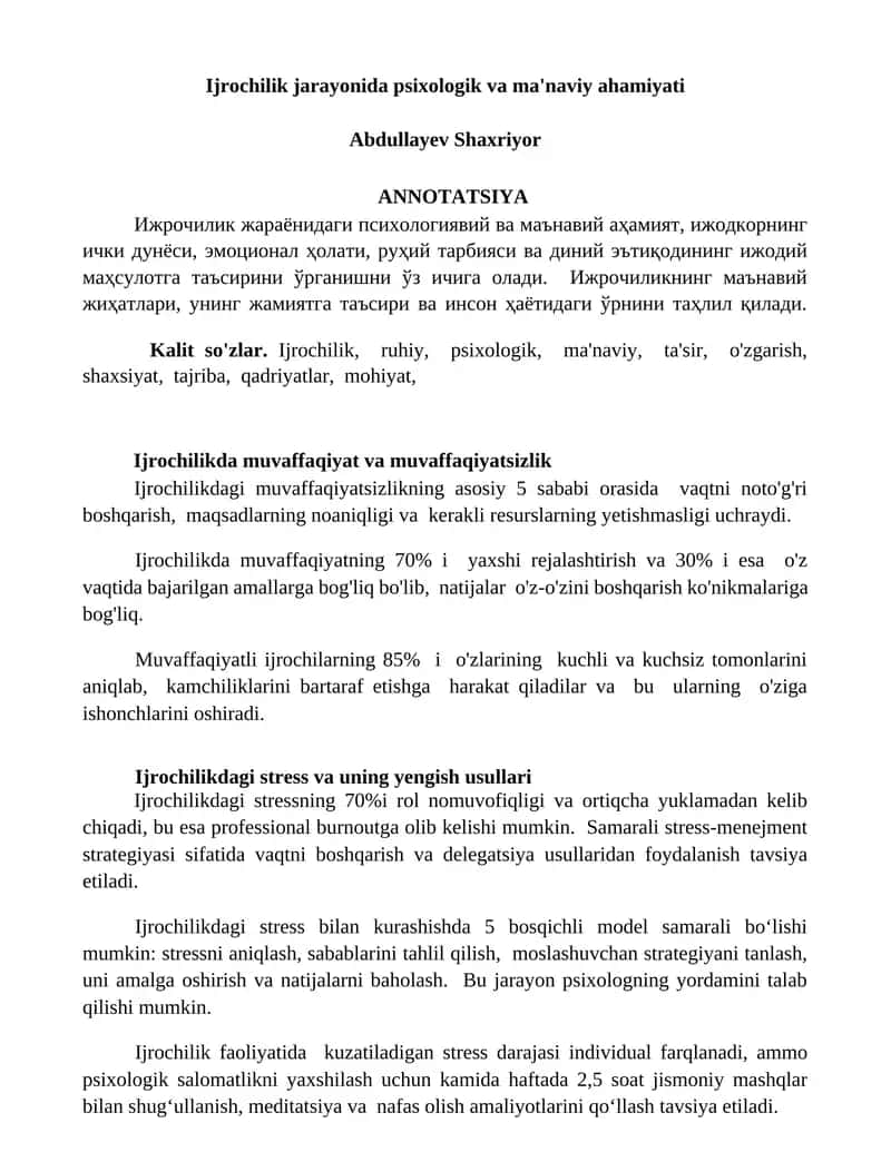Ijrochilik jarayonida psixologik va ma'naviy ahamiyati 1