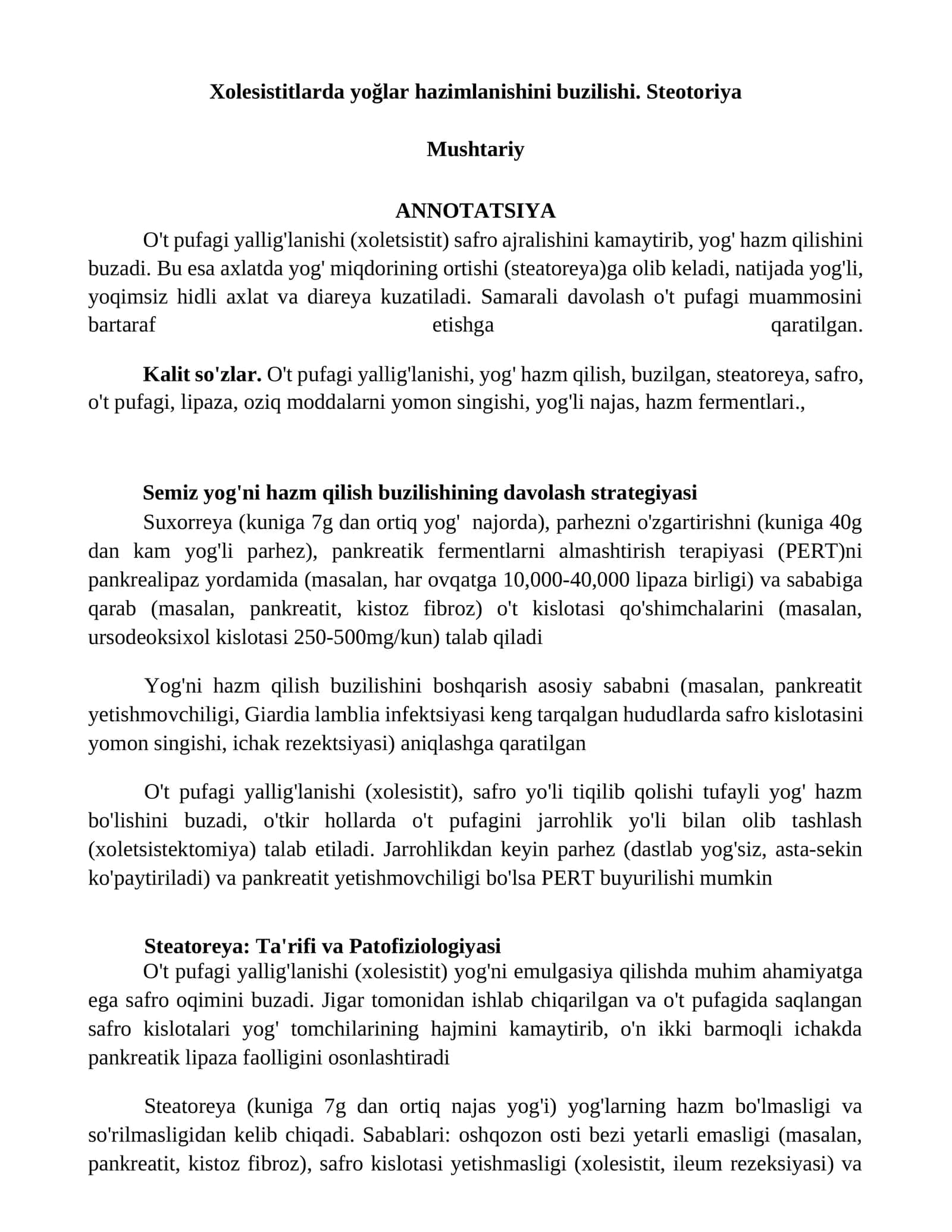 Xolesistitlarda yoğlar hazimlanishini buzilishi. Steotoriya 1